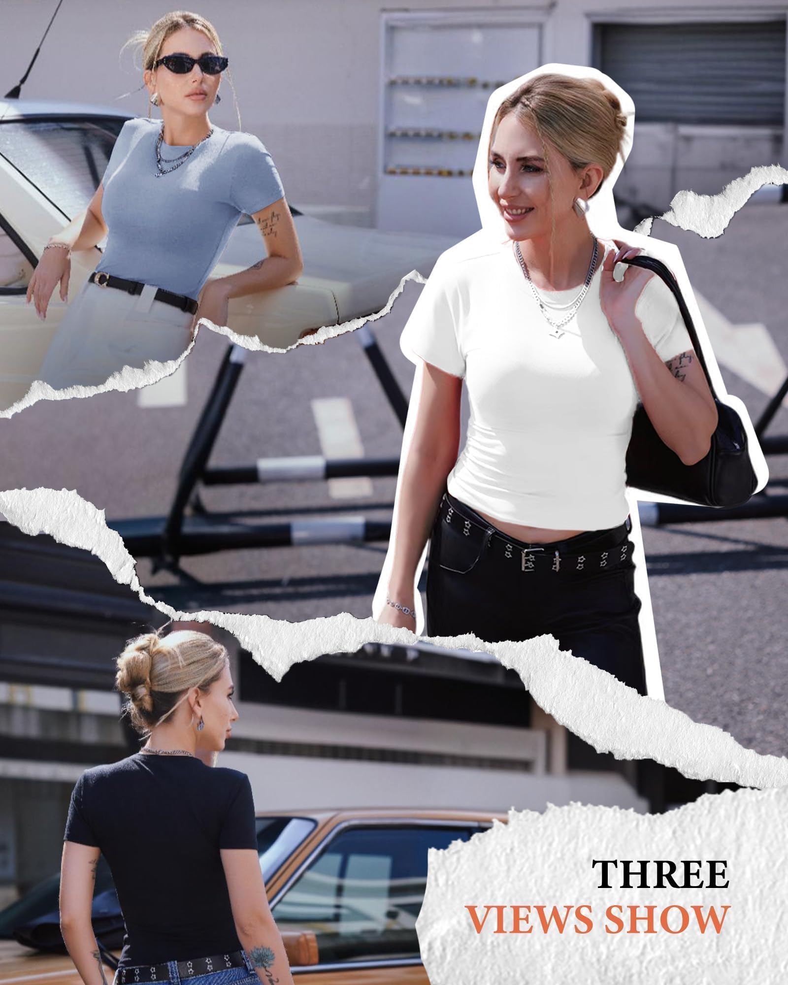 GAYHAY 3 Pack Basic Tees for Women - Crew Neck Slim Fit Tight T Shirts Cute Y2K Trendy Crop Tops Clothes for Casual Summer 2025 Black White Brown