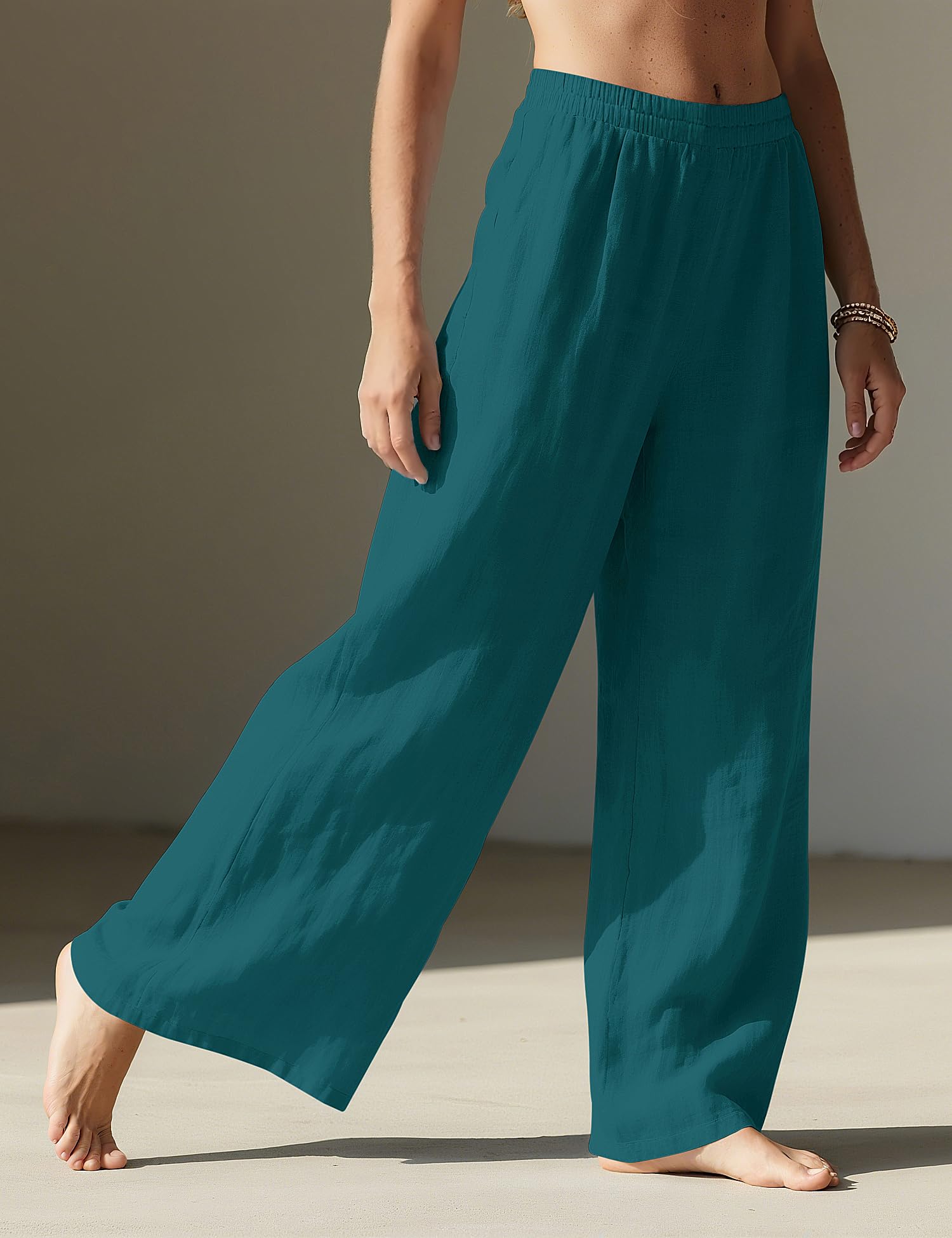 LOMON Linen Pants Women Wide Leg Palazzo Summer Flowy Pants Beach Vacation Clothes Loose Casual Travel Trousers with Pockets (Lake Green, M)