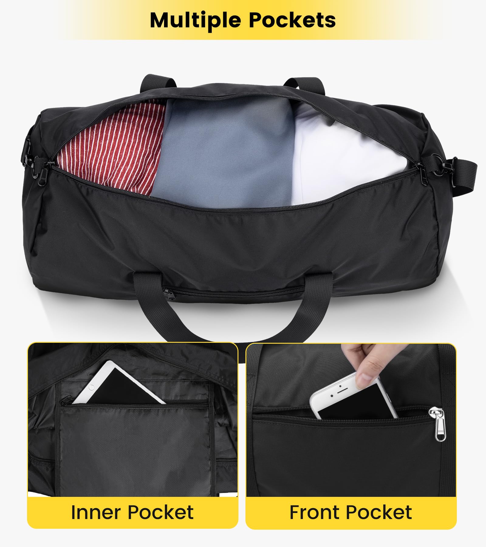 Vorspack Small Duffel Bag 20 Inches Foldable Gym Bag for Men Women Duffle Bag Lightweight with Inner Pocket for Travel Sports - Black