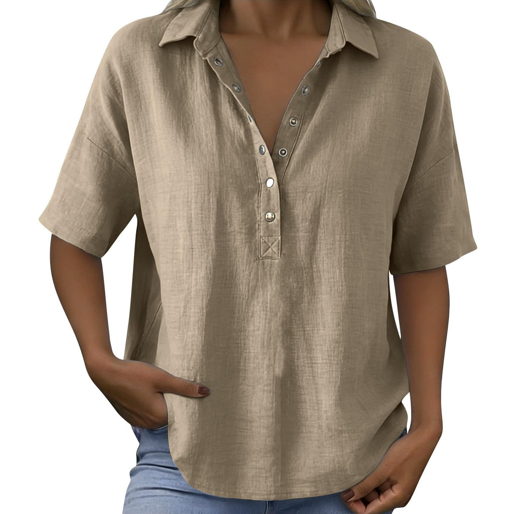 Womens Linen Shirt, Womens Cotton Summer Tops, Women's Cotton Linen Shirt Short Sleeve Button Down Blouse Loose Fit Casual Gauze Top Beach Office Tee Shirt Coffee L
