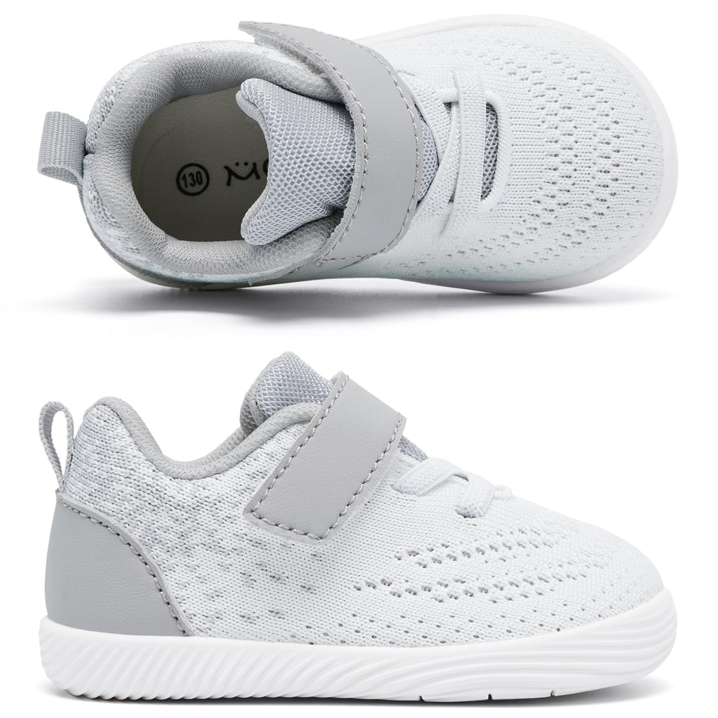 MORENDL Toddler Sneakers Baby Boys & Girls Barefoot Shoes Lightweight Breathable Walking Running Tennis Athletic Sport Shoes White Gray 6-9 Months Size 4