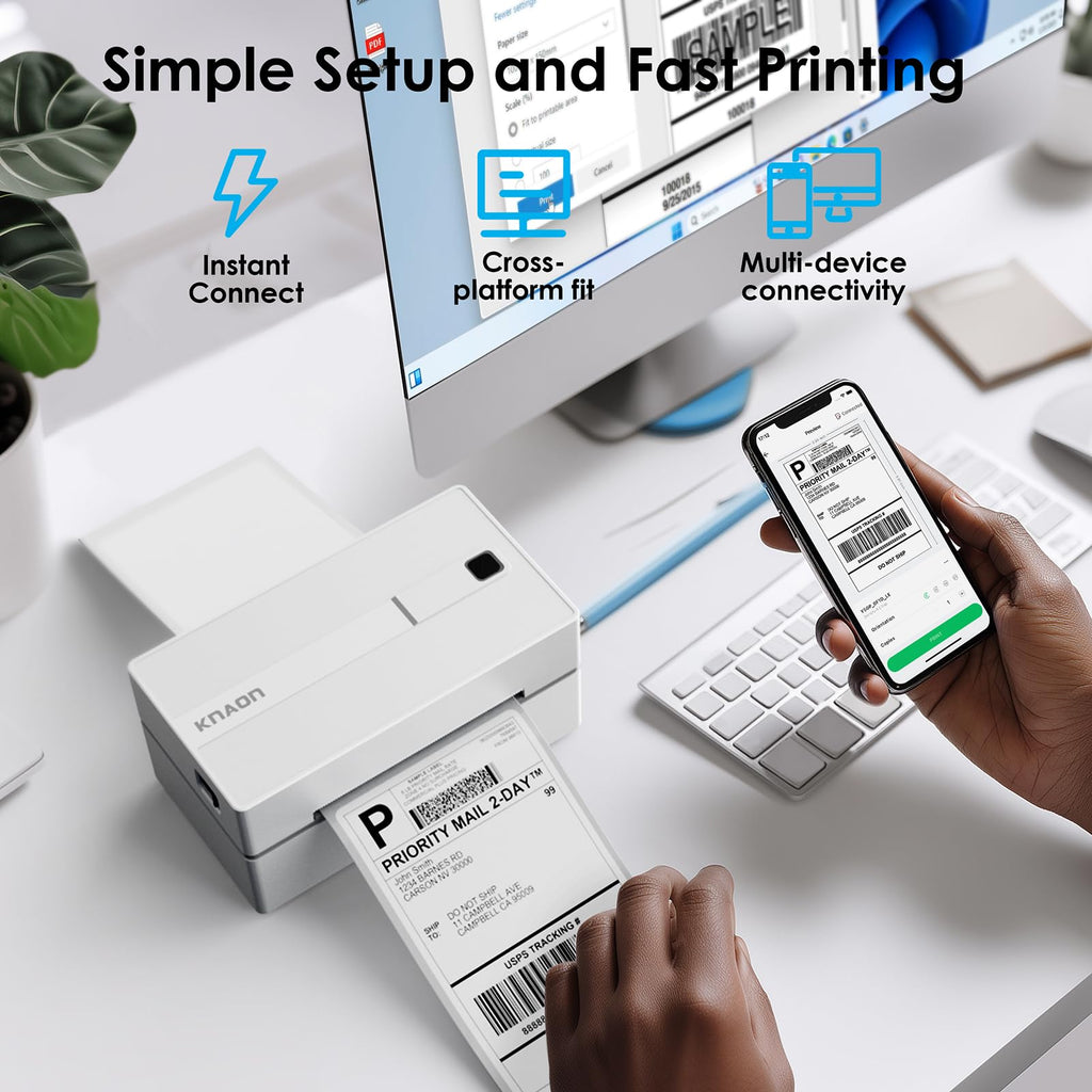 KNAON Bluetooth Thermal Shipping Label Printer, 4x6 Portable Thermal Address Label Printer for Small Business, Compatible with iPhone,Android,Windows,Mac–Works with Ebay Shopify USPS&More, White