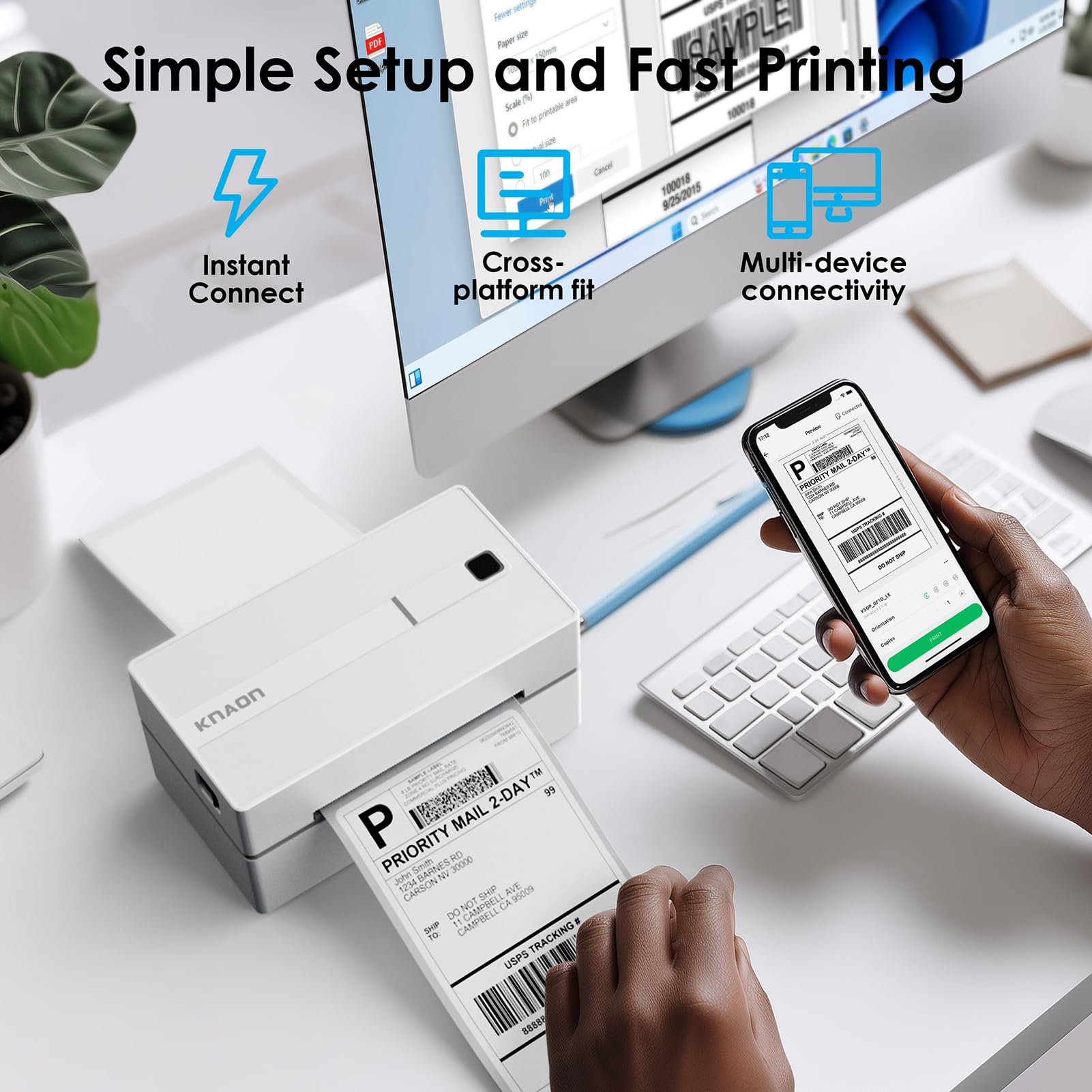 KNAON Bluetooth Thermal Shipping Label Printer, 4x6 Portable Thermal Address Label Printer for Small Business, Compatible with iPhone,Android,Windows,Mac–Works with Ebay Shopify USPS&More, White