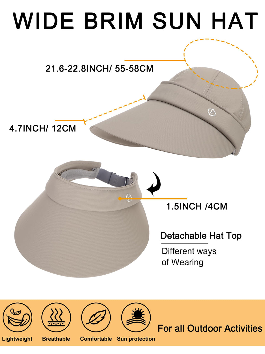 LA CARRIE Women Sun Hats Detachable Wide Brim UV Protection UPF 50+ Summer Beach Visor for Outdoor Sports(Khaki)