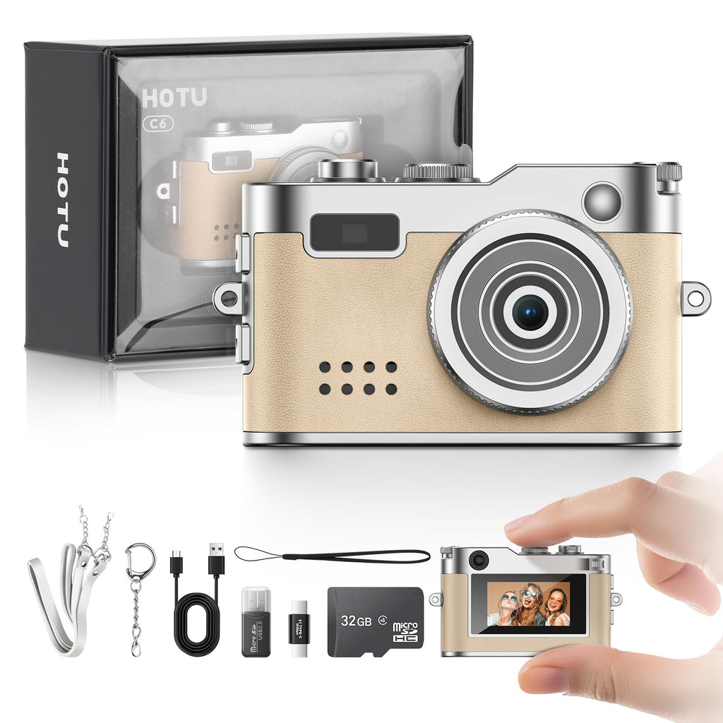 HOTU Mini Digital Camera, Keychain Camera 1080P HD with 2MP Lens, Flash, Video Recording, 32G Card Included, Portable and Compact Retro Vlog Camera for Travel, Kids, Beige