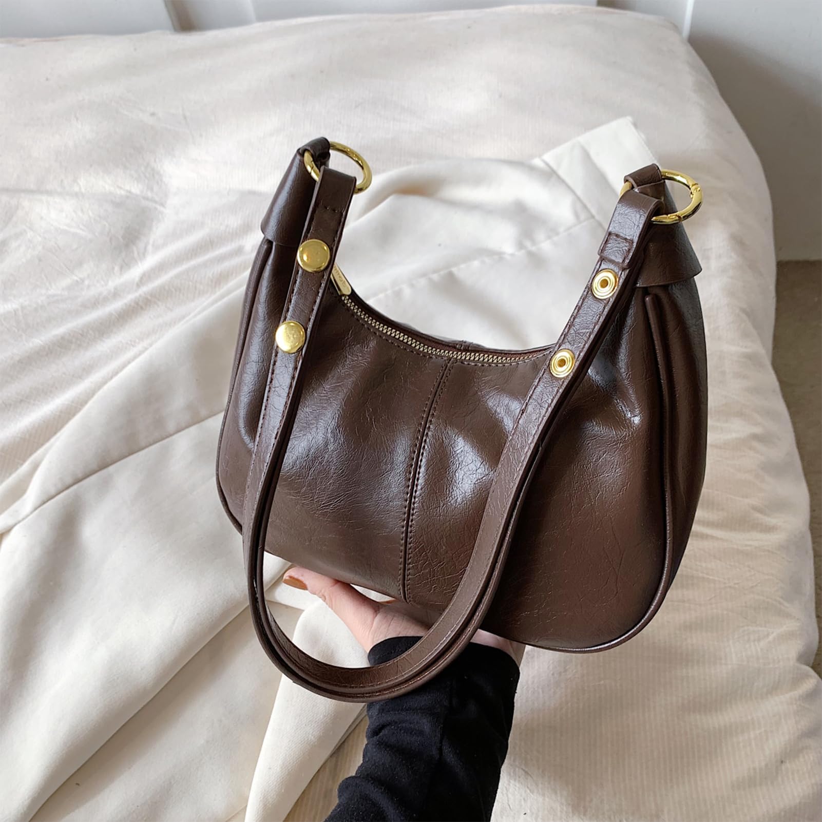 Shoulder Bags for Women Small Hobo Bags Crescent Shaped Cute Retro Tote Handbag Mini Clutch Purse with Zipper Closure (Brown)
