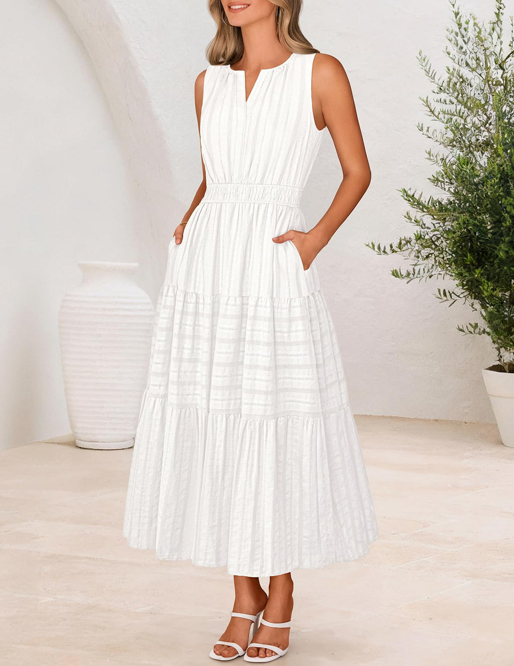 MEROKEETY Summer Spring Midi Maxi Dress for Women 2026 Casual Beach Vacation Sleeveless Boho V Neck Cotton Long Dresses Pockets, White, Small