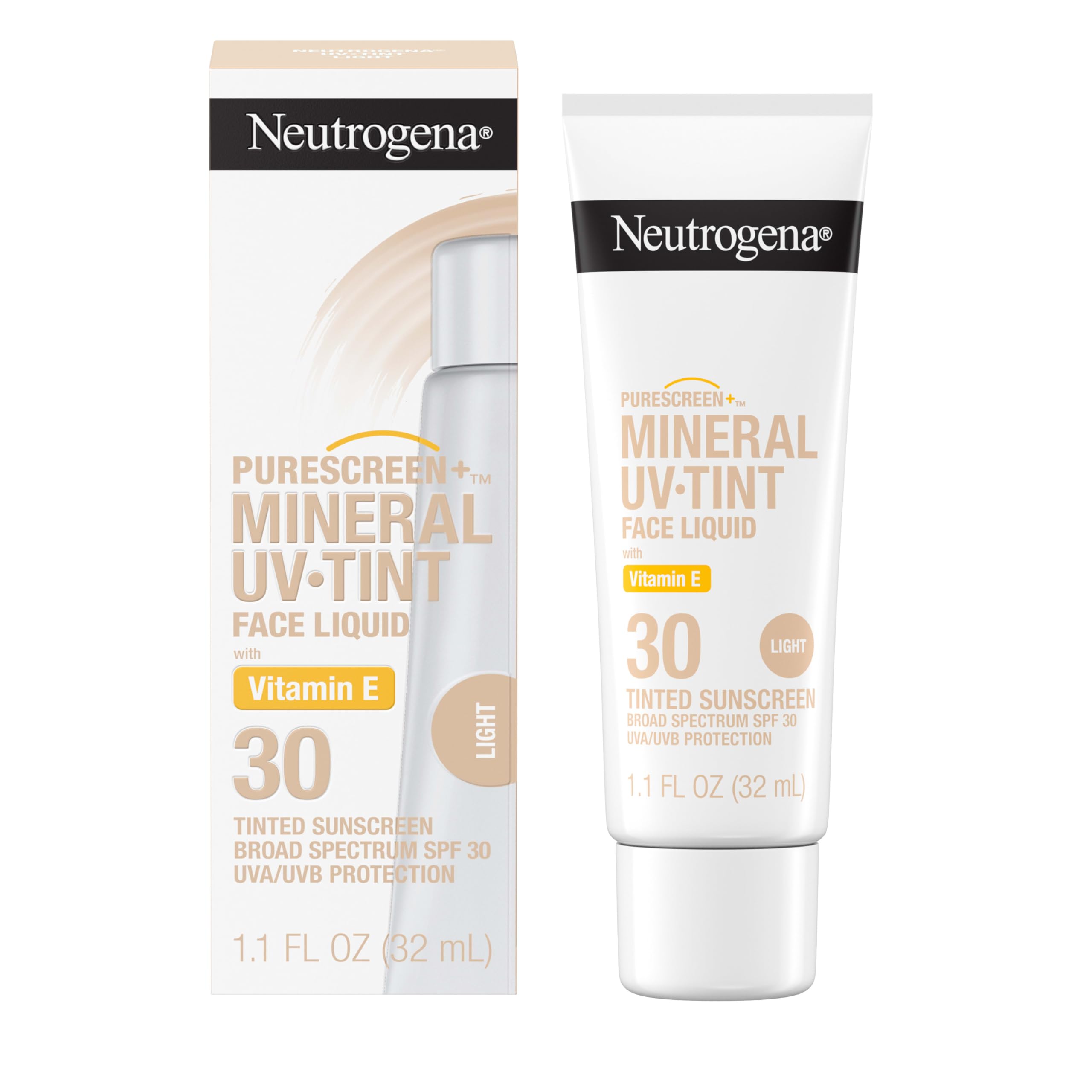 Neutrogena Purescreen+ Mineral UV Tint Face Liquid Tinted Sunscreen - with 100% Mineral Actives & Vitamin E, Enhances Natural Tone, Water Resistant, Broad Spectrum SPF 30, 1.1 fl oz