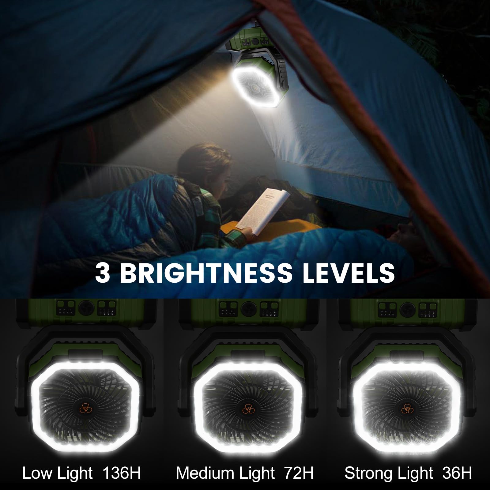 Odoland 30000mAh Camping Fan with LED Lantern, Rechargeable Battery Operated Oscillating Fan with Remote & Hook, Portable Tent Fan with Timer, 4 Speeds for Outdoor Camp RV Jobsite Power Outage, Green