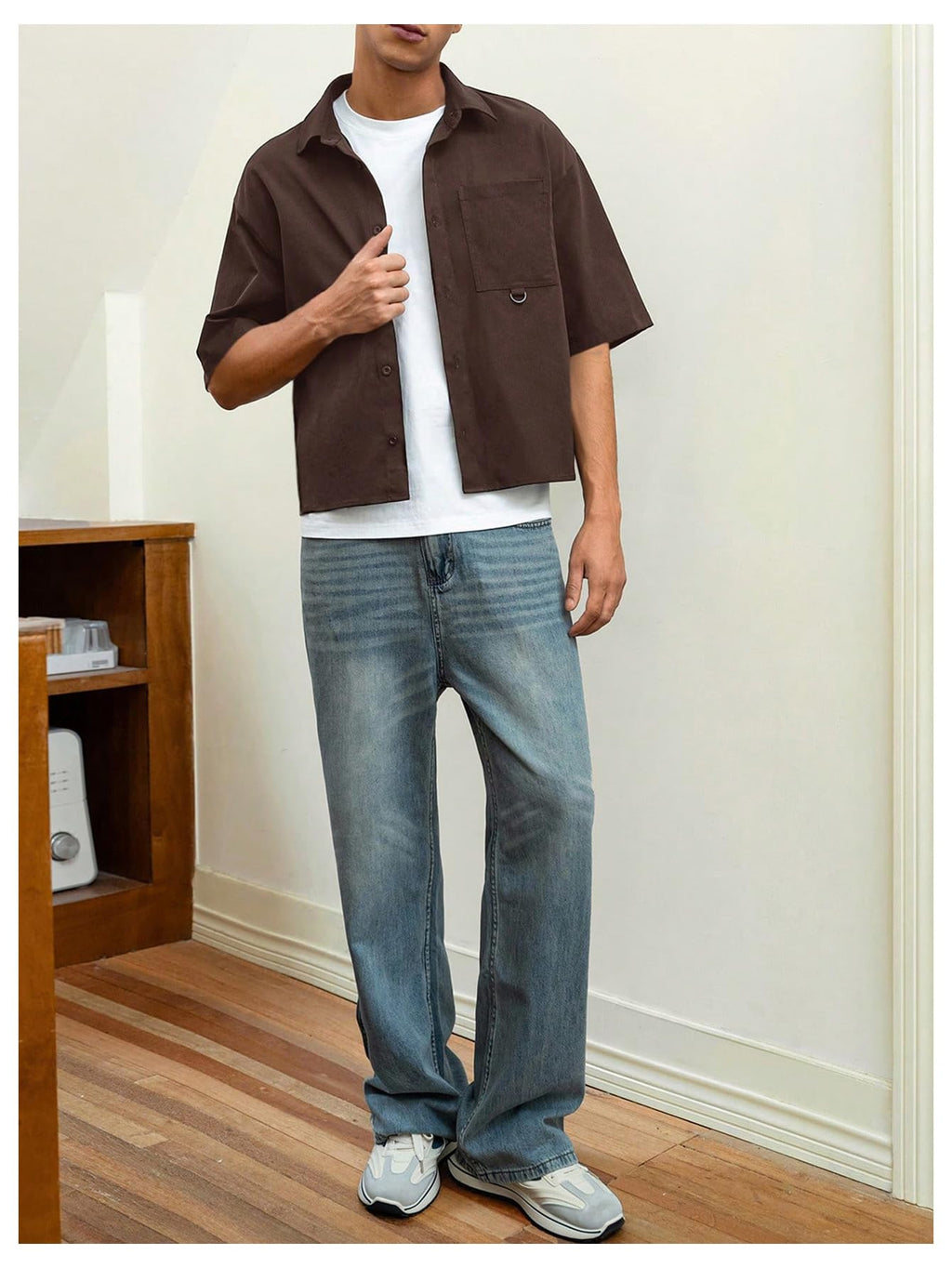 GORGLITTER Men's Cropped Shirt Button Bown Short Sleeve Casual Collar Neck Summer Shirts Crop Top Coffee Brown Small