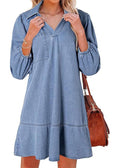 CHARTOU Women 3/4 Sleeve Ruffle Denim Dress Summer Collared V Neck Loose Shirt Jean Dress with Pockets (Large, Light Blue)