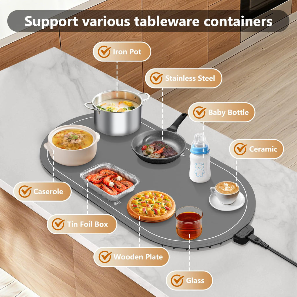 seenlast Warming Mat for Food with Adjustable Temperature Timer,10S Fast Heating Electric Food Warming Mat for Parties Buffet Daily,Food Heating Mat with Insulating Pad Raised Feet Protects Table
