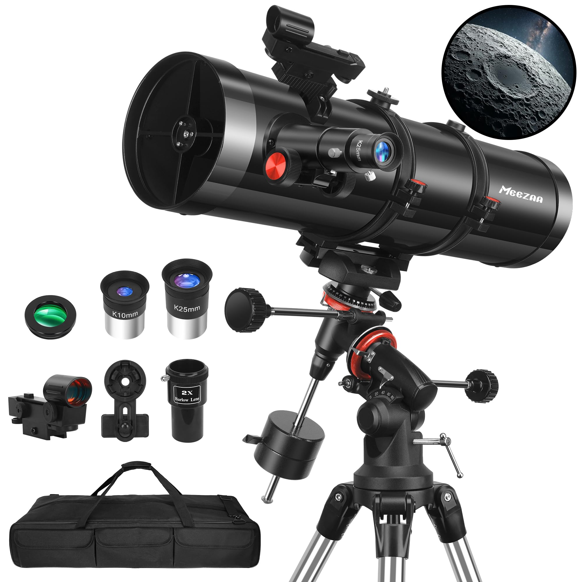 MEEZAA Telescope, 150EQ Newtonian Reflector Telescope for Adults Astronomy Beginners, Professional Astronomical Telescopes with Equatorial Mount, Phone Adapter, Tripod, Moon Filter and Large Carry Bag