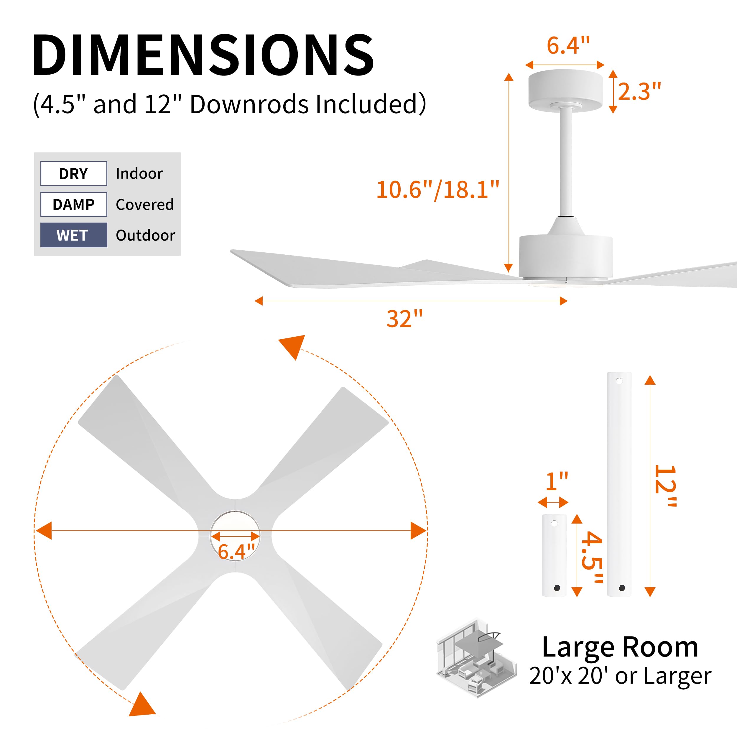 WINGBO 64" Wet Rated Outdoor Ceiling Fan with Lights, 4 ABS Plastic Blades, Reversible DC Motor, 6-Speed Remote Control, 3 CCT, Waterproof Ceiling Fan for Patio Porch Gazebo Garage, Gloss White