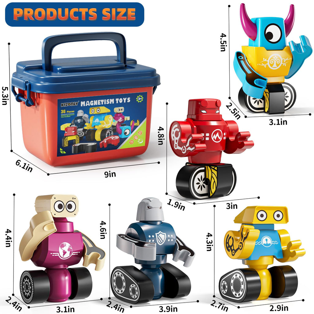 KIZONLY Magnets Robot Building Toys for Kids Ages 3-5 4-8 - 36 PCS Monsters Toys Robot Stacking Building Blocks Set with Storage Box, Creative Learning Christmas and Birthday Gifts for Boys Girls 2-4