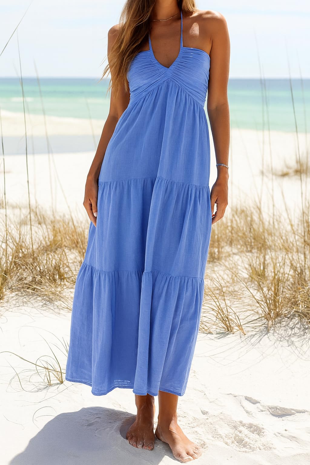AmySister Women's Casual Summer Halter Tiered Vacation Beach Midi Dress with Pockets Azure XS