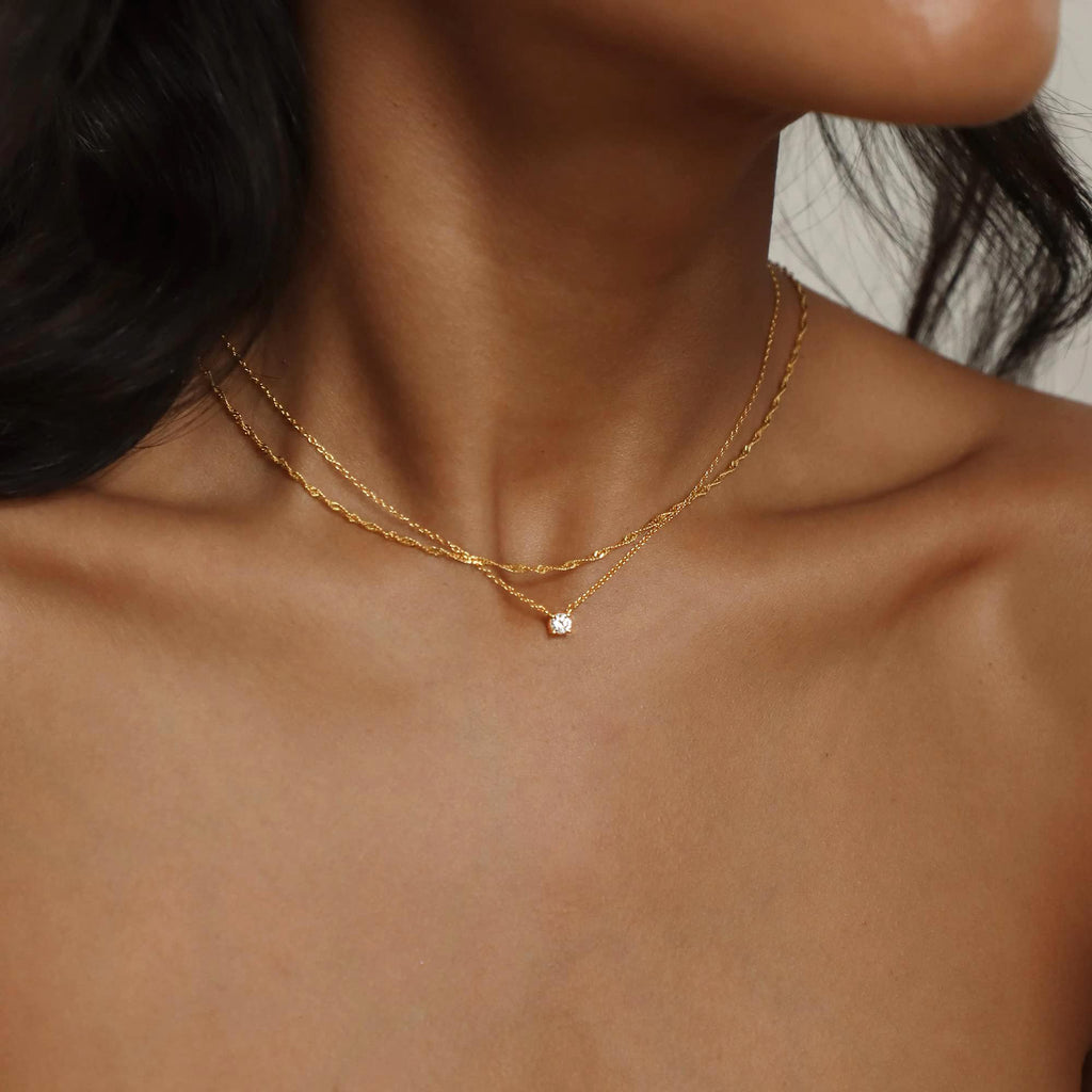 Tewiky Dainty Layered 14K Gold Plated Cubic Zirconia Necklace for Women, Simple Solitaire Pendant Chain Choker Necklaces Set Cute CZ Trendys Gold Jewelry Gift