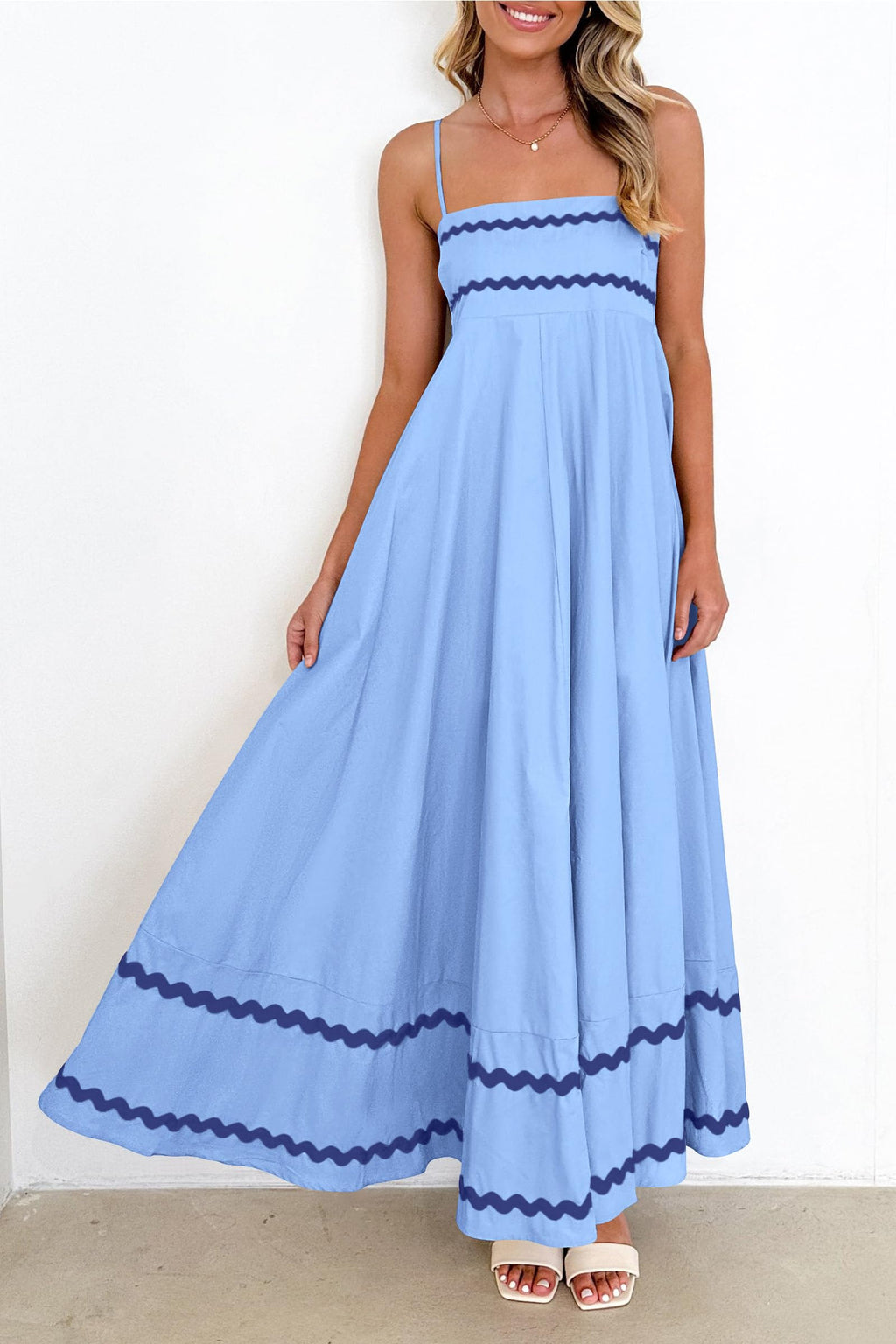 PRETTYGARDEN Women's 2025 Summer Flowy Maxi Dress Casual Sleeveless Spaghetti Strap Ruffle Beach Long Dresses (Light Blue,Large)
