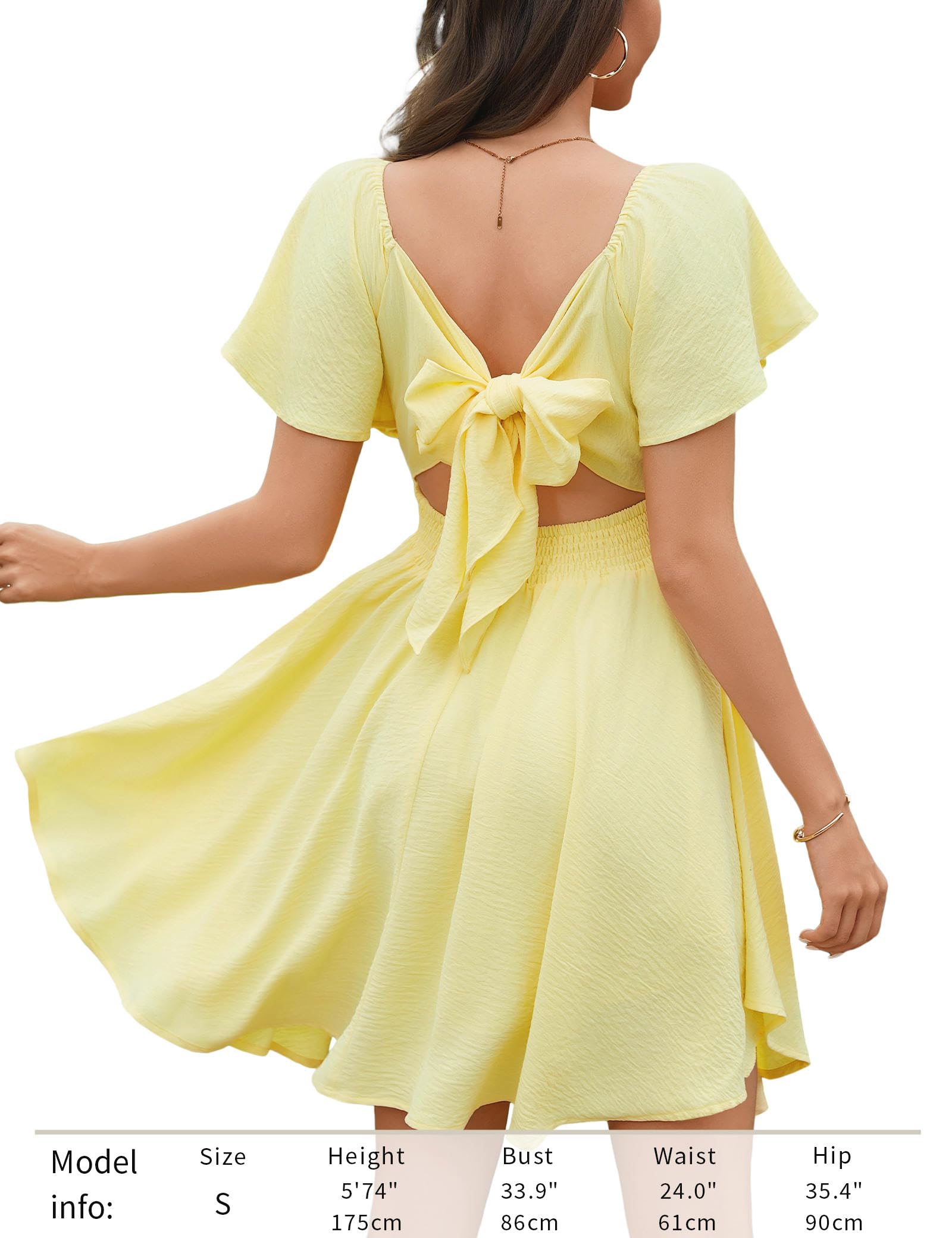 Florboom Women's Summer Sweetheart Neckline Short Sleeve Sexy Mini Dresses Knot Front Chiffon Going Out Picnic Flowy Dress (Yellow, XL)