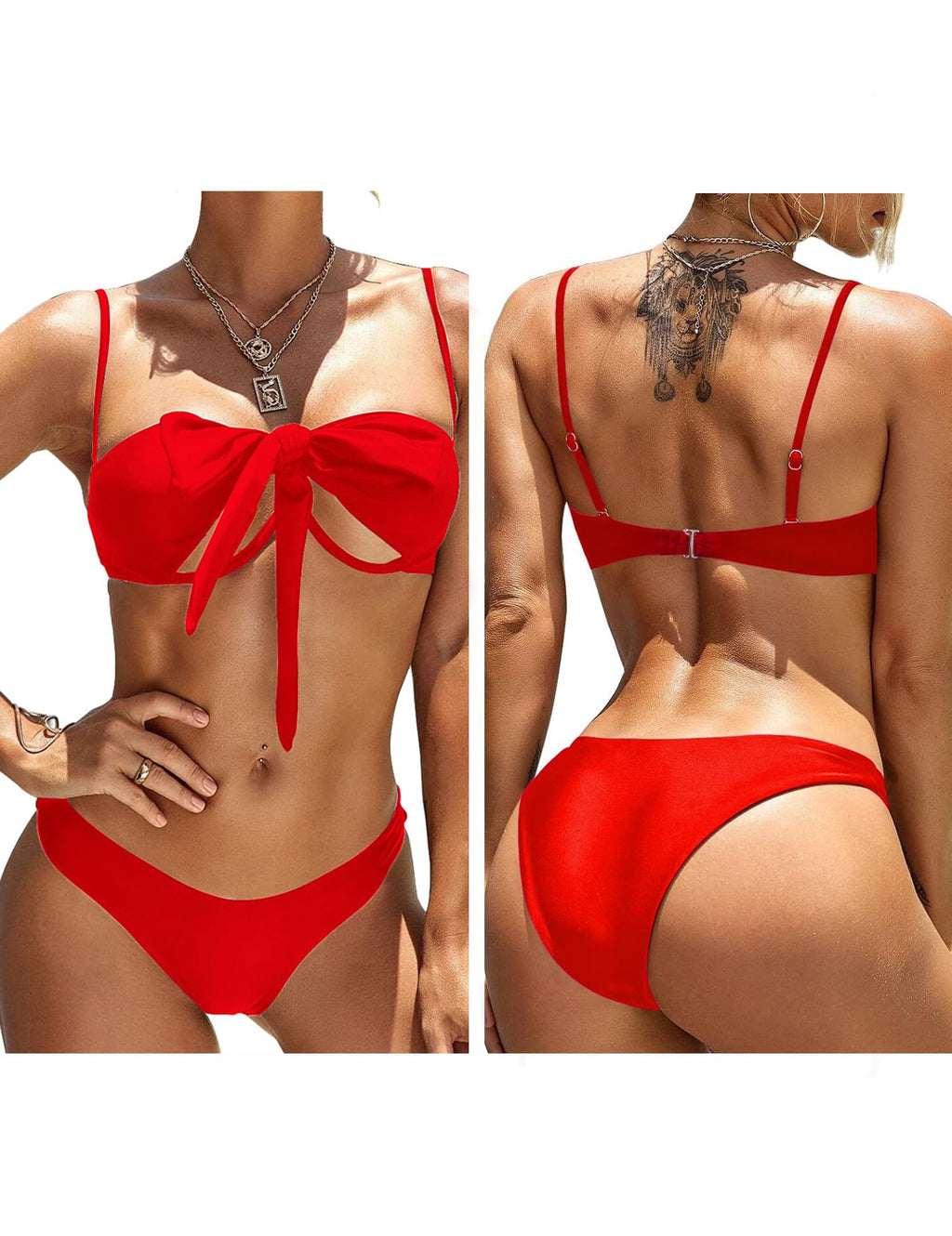 Lilosy Sexy Cute Underwire Push Up Cutout Halter Criss Cross High Cut Leg Thong Brazilian Bikini Swimsuit Set Women Cheeky Bottom Bathing Suit 2 Two Piece Bright Red Medium
