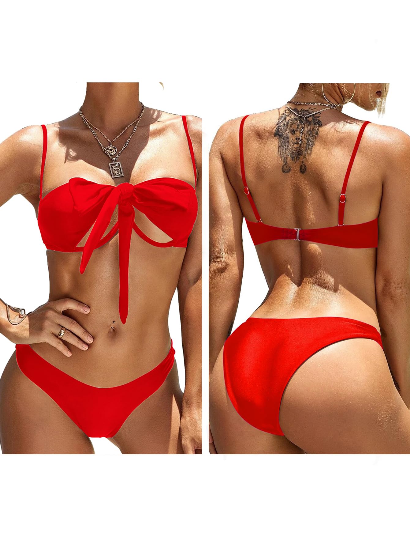 Lilosy Sexy Cute Underwire Push Up Cutout Halter Criss Cross High Cut Leg Thong Brazilian Bikini Swimsuit Set Women Cheeky Bottom Bathing Suit 2 Two Piece Bright Red Medium