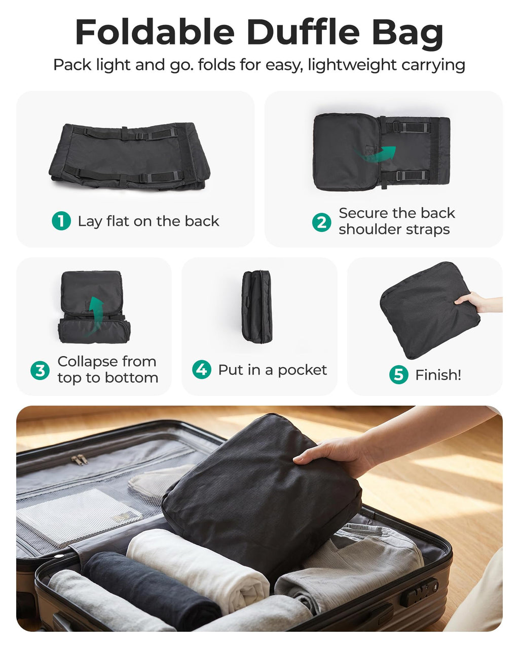BAGSAMRT 60L Foldable Duffle Bag for Travel, Large Travel Duffel Bag for Men, 4 in 1 Travel Backpack, Carry on Weekender Bag, Black