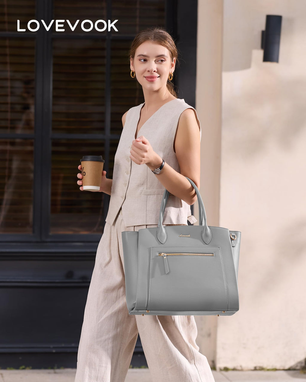 LOVEVOOK Laptop Tote Bag for Women, 15.6 Inch Large Capacity Work Bags Briefcase Purse with Multiple Pockets & Large Bottle Holder, Vegan Leather Business Office Computer Bag for Teacher