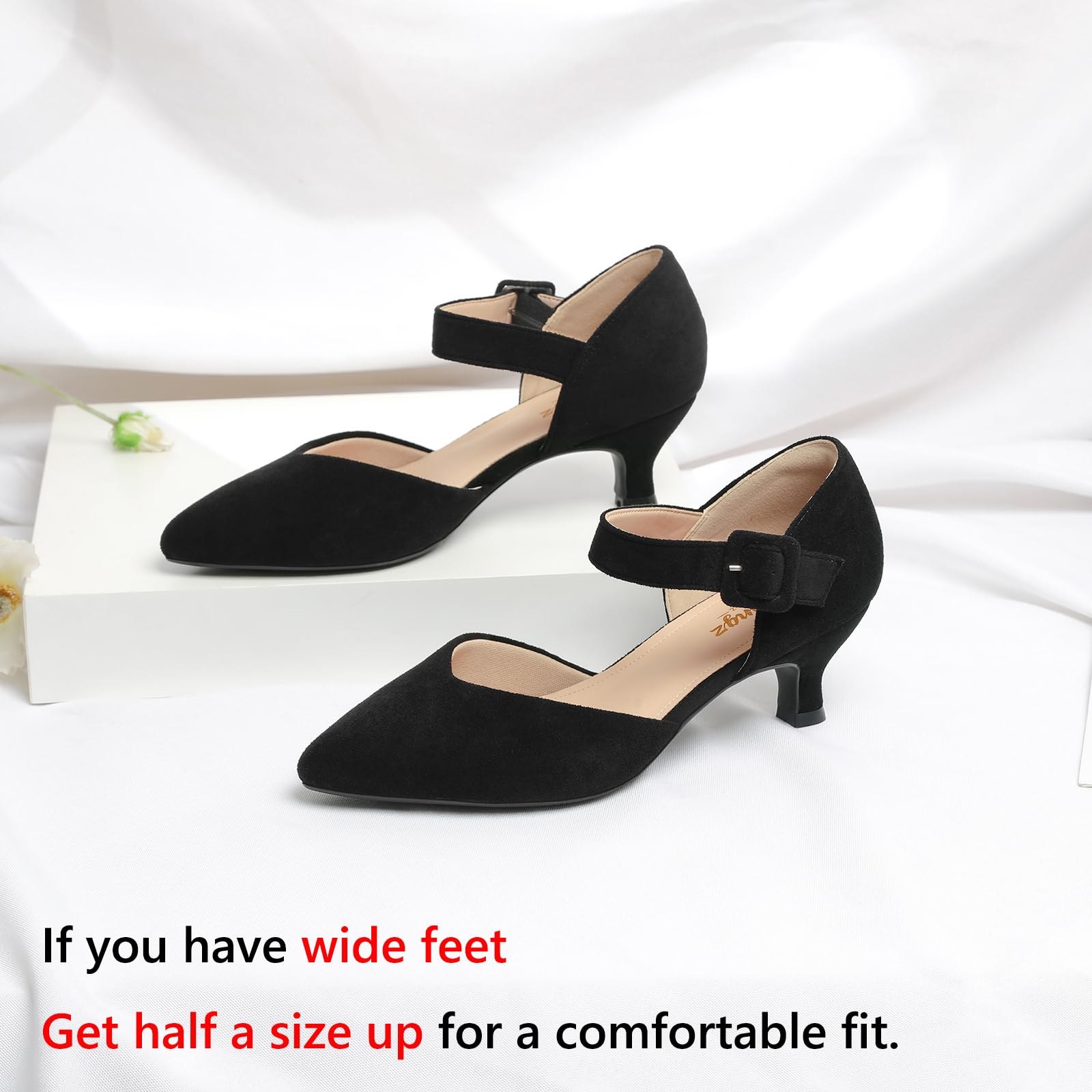 RIBONGZ Black Comfortable Kitten Heels Suede Prom Low Heels for Women Closed Pointed Toe Slip on Ankle Strap Buckle Pumps Church Wedding Bridal Party Dressy Shoes 8