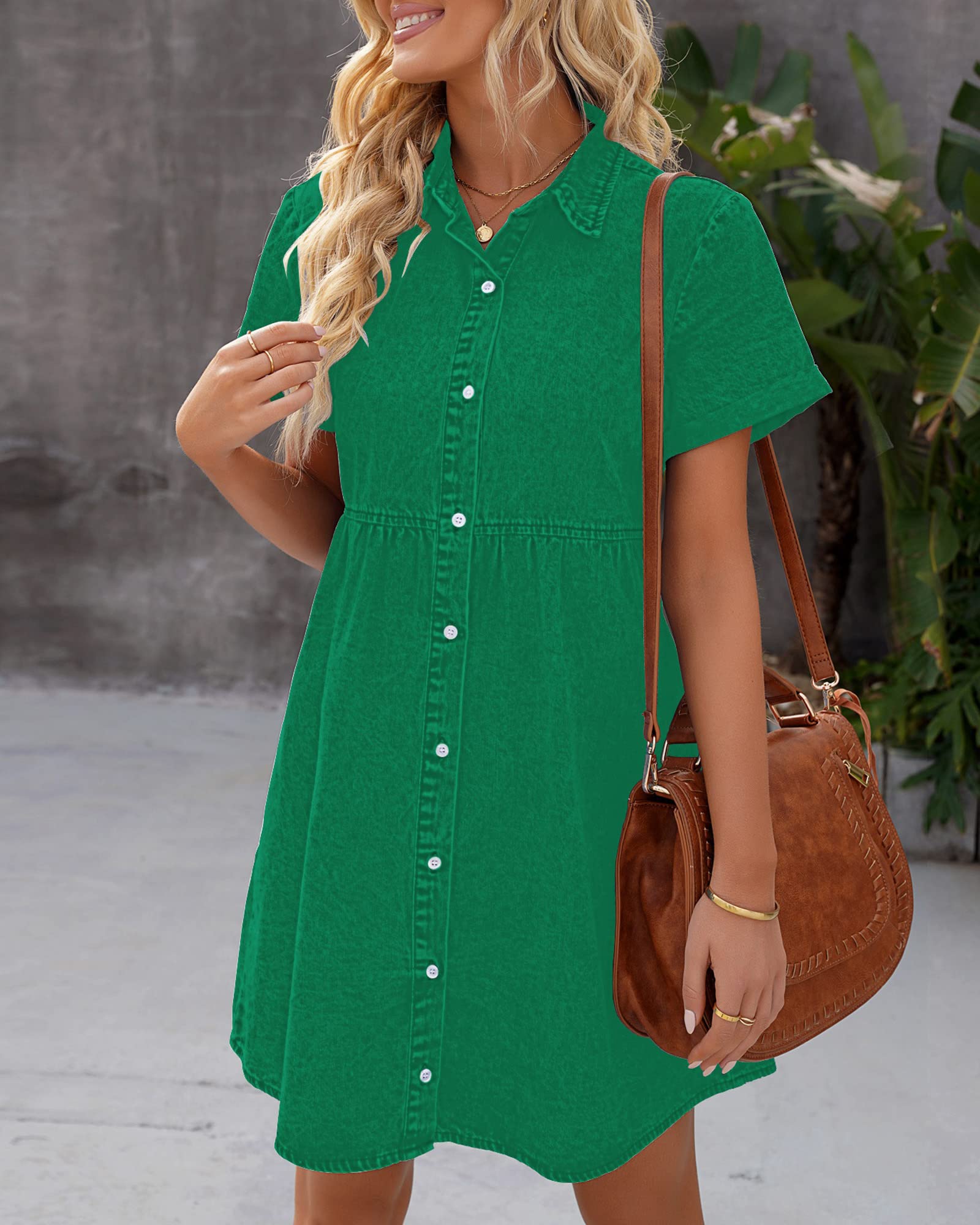 LookbookStore Green Denim Dress for Women St Patricks Day Dress 2025 Trendy Short Sleeves Jean Dresses Size L Size 12 14