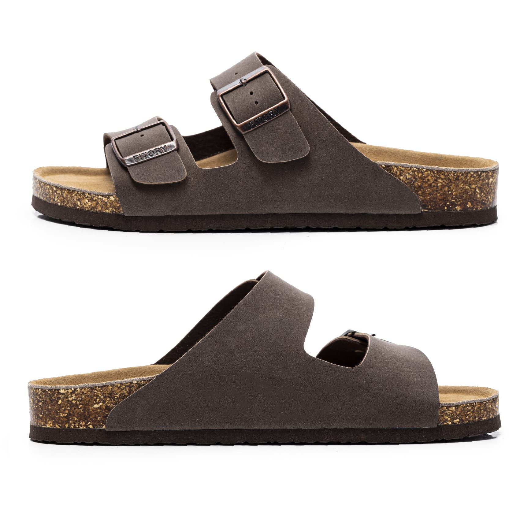 FITORY Mens Leather Insole Sandals with Two Buckles,Open Toe Slides for Indoor and Outdoor Brown Size 10-10.5