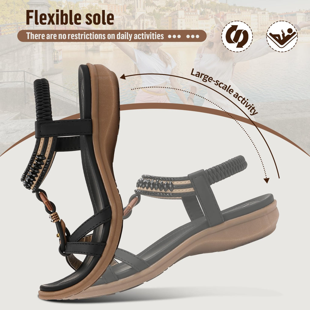 Littleplum Womens Flat Sandals Arch Support Summer Beach Sandals Comfort Walking Shoes Dress Ankle Elastic Bohemian Sandals for Women Black Size 8.5