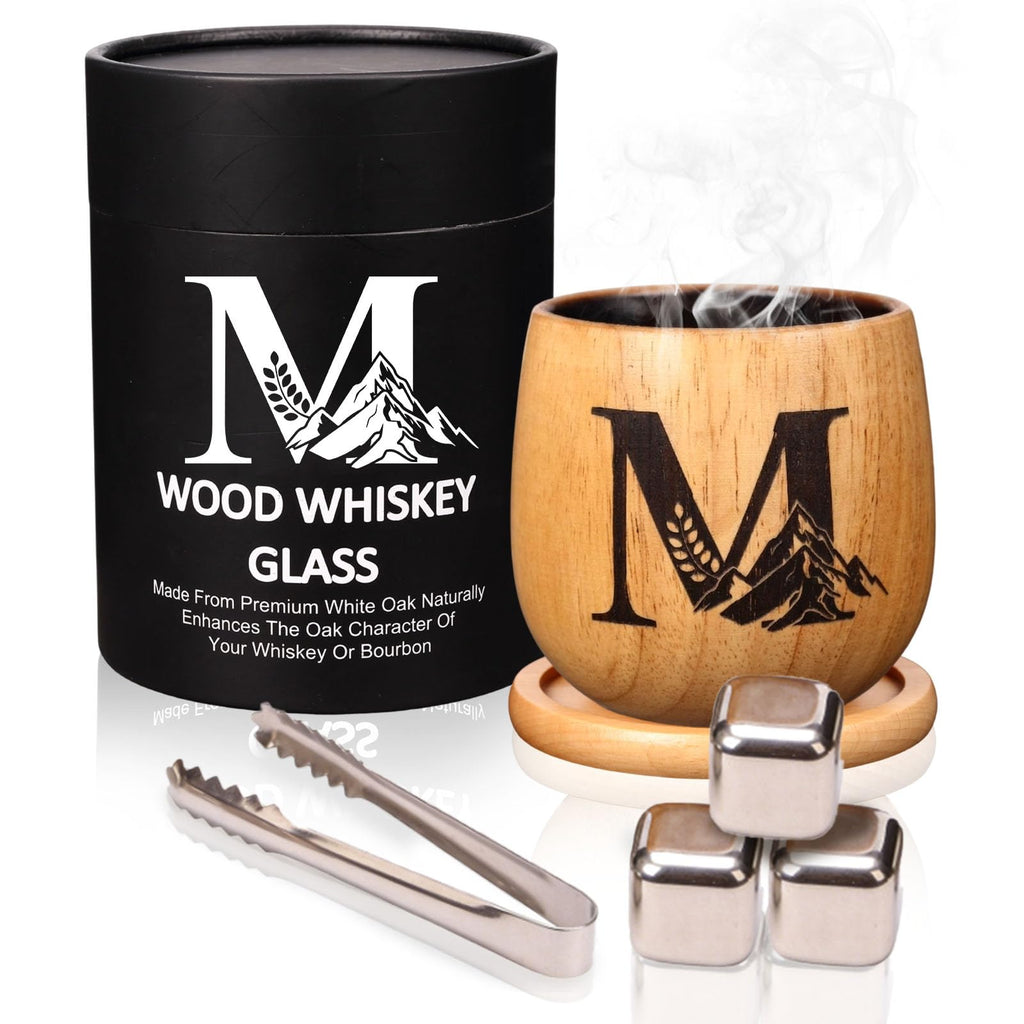 Gifts for Men – Personalized Wooden Whiskey Glass Set, 11oz Charred Oak Bourbon Glass with Coaster & Whiskey Stones, Unique Father’s Day, Anniversary & Birthday Gift for Dad, Husband(M)
