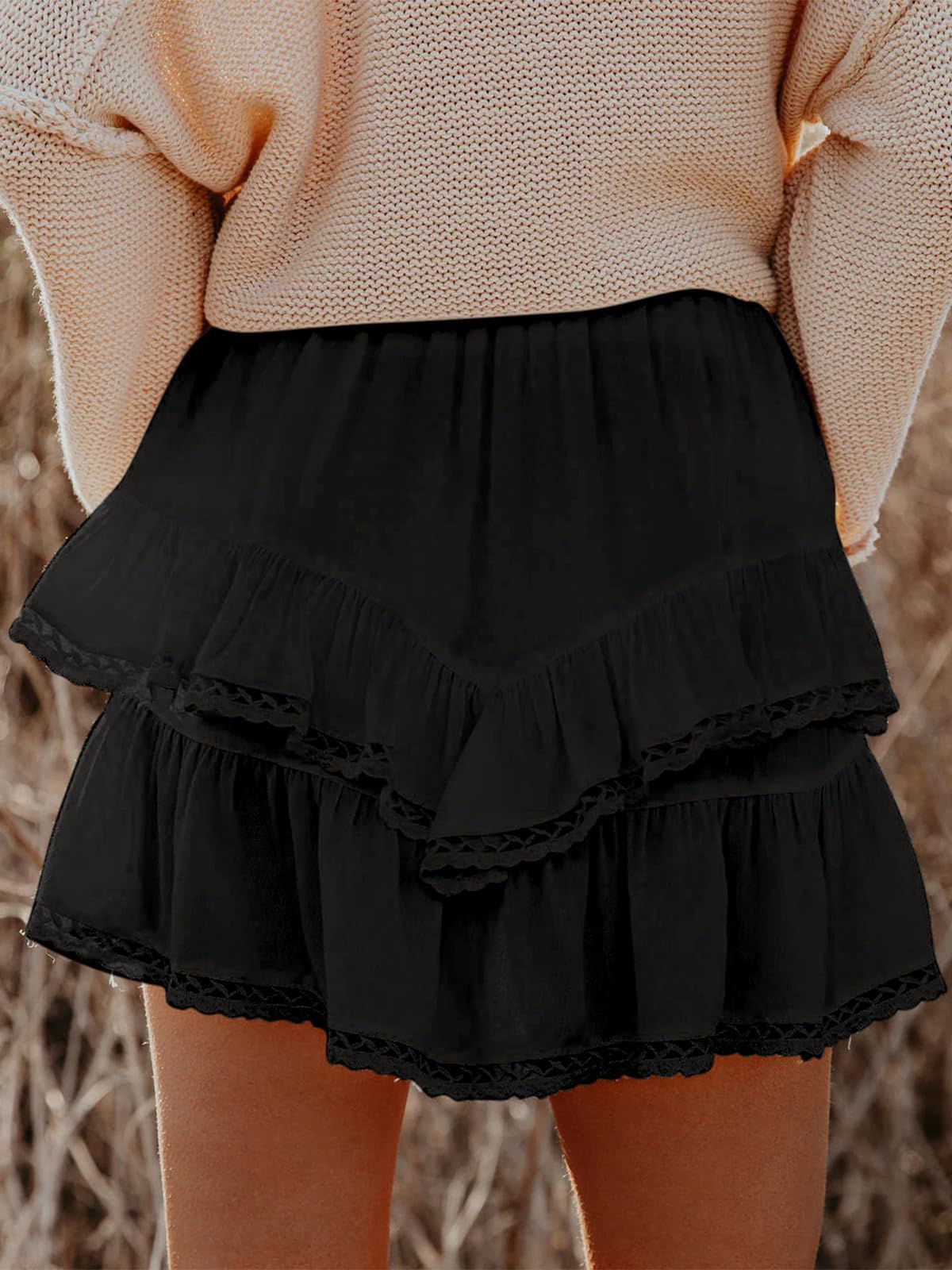 Aoudery Flowy Shorts for Women Casual Boho Ruffle Tiered Skorts High Waist Mini Skirts Golf Tennis Butterfly Crochet Shorts - Black M