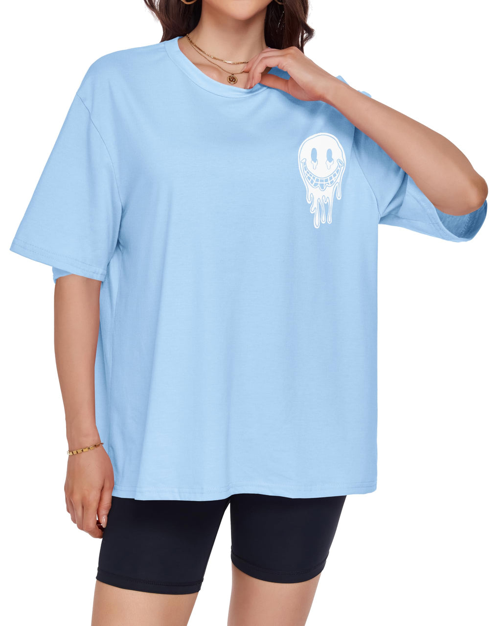 ADOREJOY Oversized Tshirts for Women Crewneck Summer Graphic Tees Short Sleeve Loose Basic Tops, Blue White Print, L