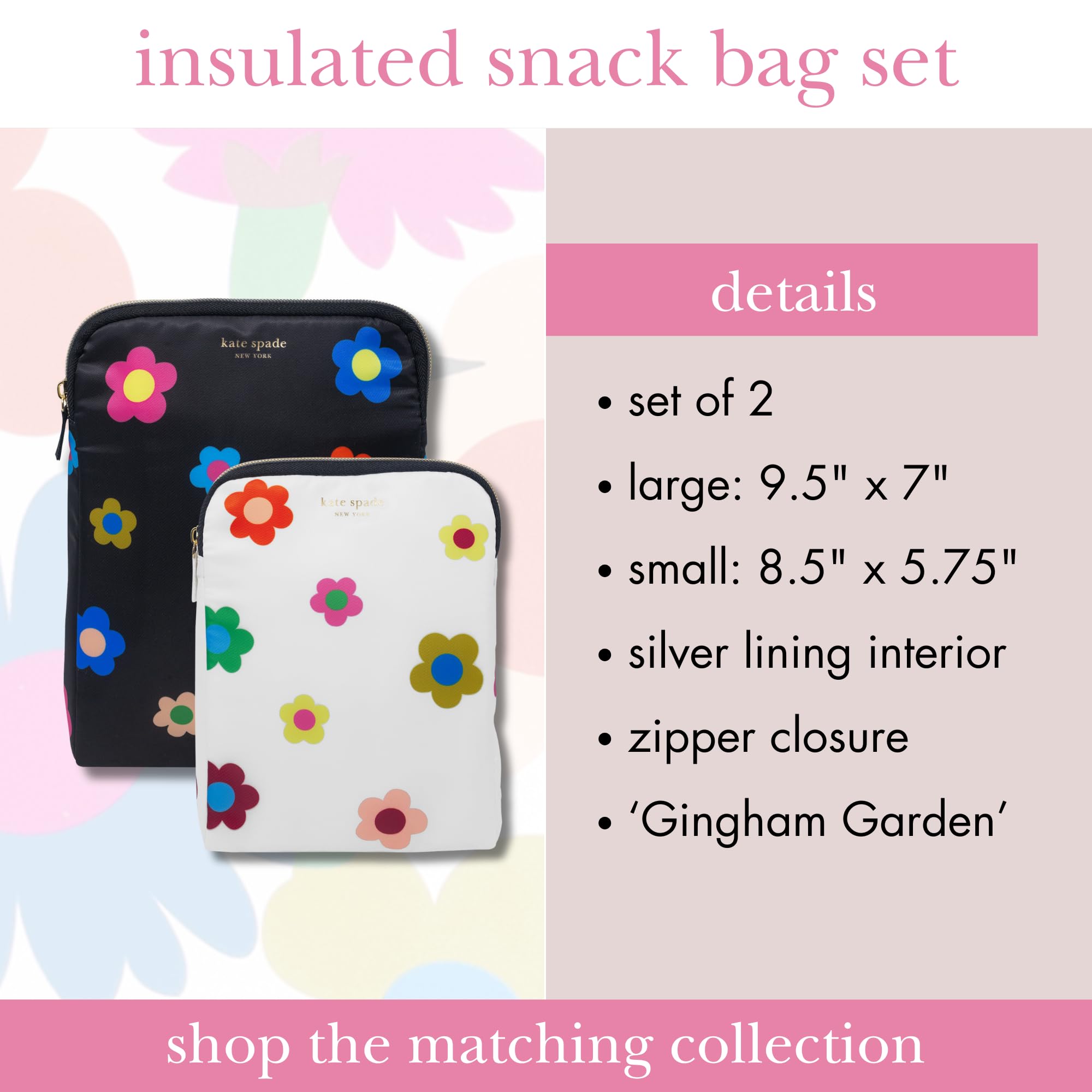 kate spade new york Insulated Snack Bag Keeper with Zipper, Reusable Thermal Sandwich Bag Holders for Lunch Bag, Gingham Garden