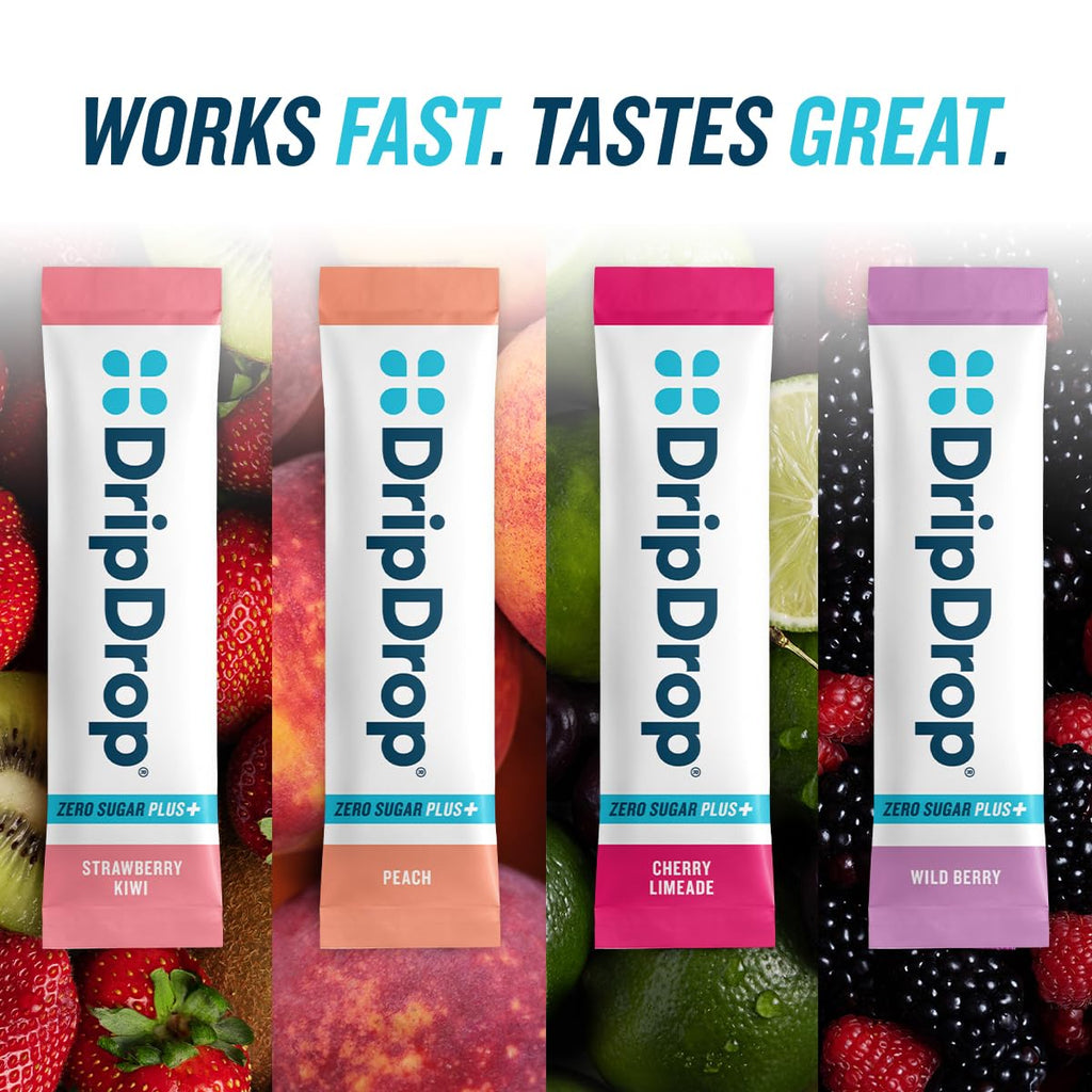 DripDrop Zero Sugar Plus - Sugar Free Hydration Packets - Single Serve Electrolytes Powder Drink Mix - Strawberry Kiwi, Peach, Cherry Limeade, Wild Berry - Non-GMO, Gluten Free, Vegan - 8 Sticks