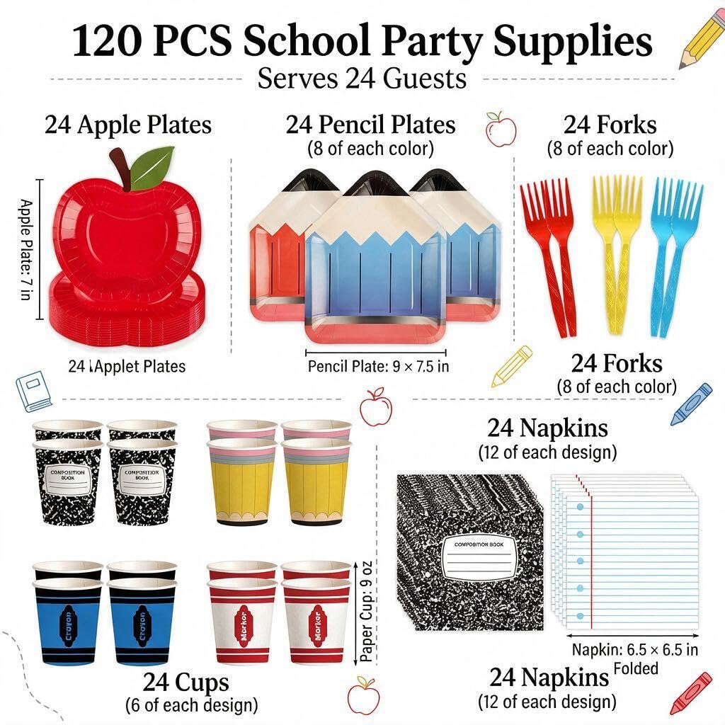 120 PCS Back to School Party Supplies, School Paper Plates and Napkins Set for 24 Guests, Pencil Shaped Plates, Composition Book & Notebook Napkins, 9 oz Cups, Forks, Classroom First Day of School