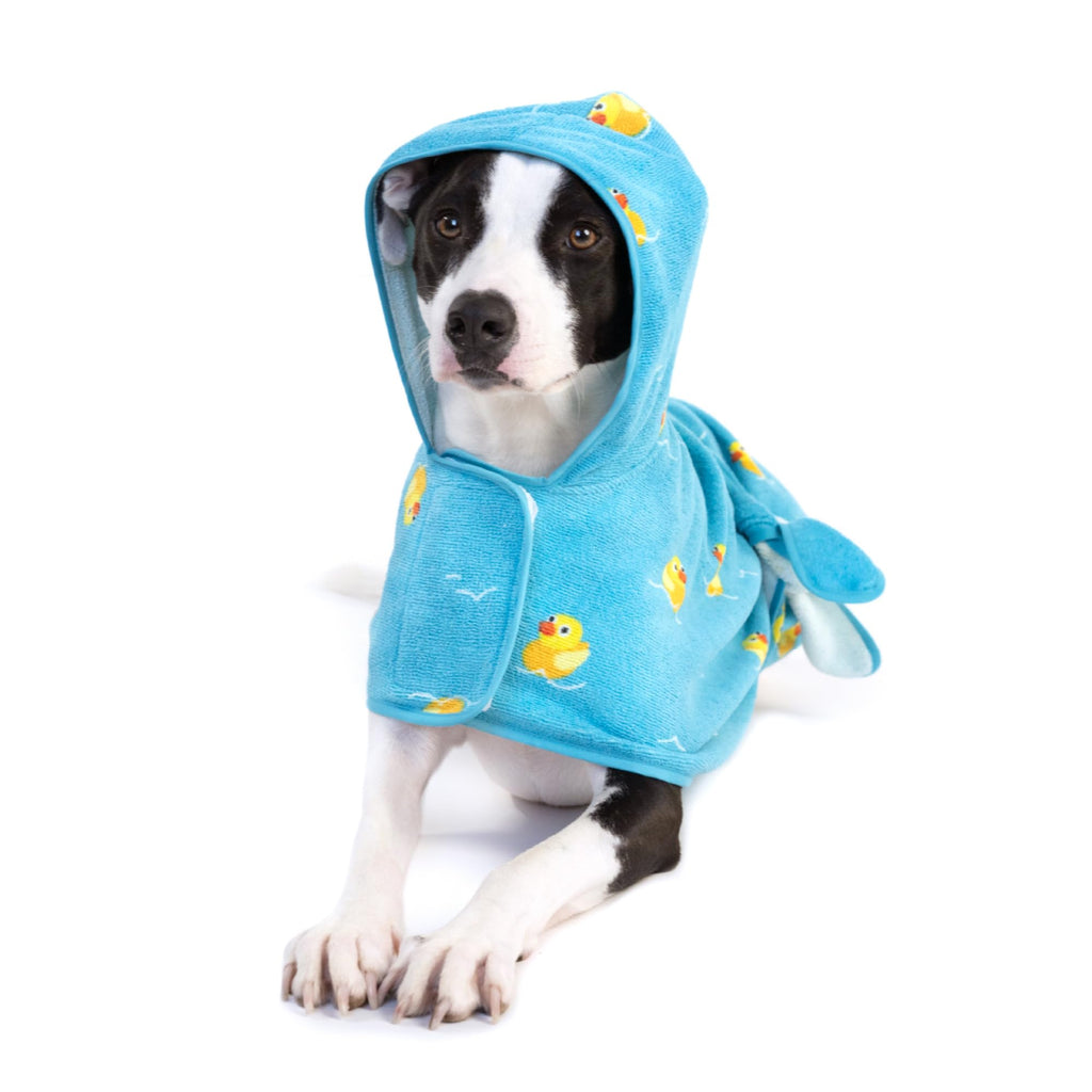 Barkbox Dog Bathrobe Fast Drying with Hook and Loop Closure & Wrap Tie Snuggle, Cute Dogs Clothes, Easy to Clean, Machine Washable, Dog Coats and Tumble Dry Low - Rubber Duck, Medium