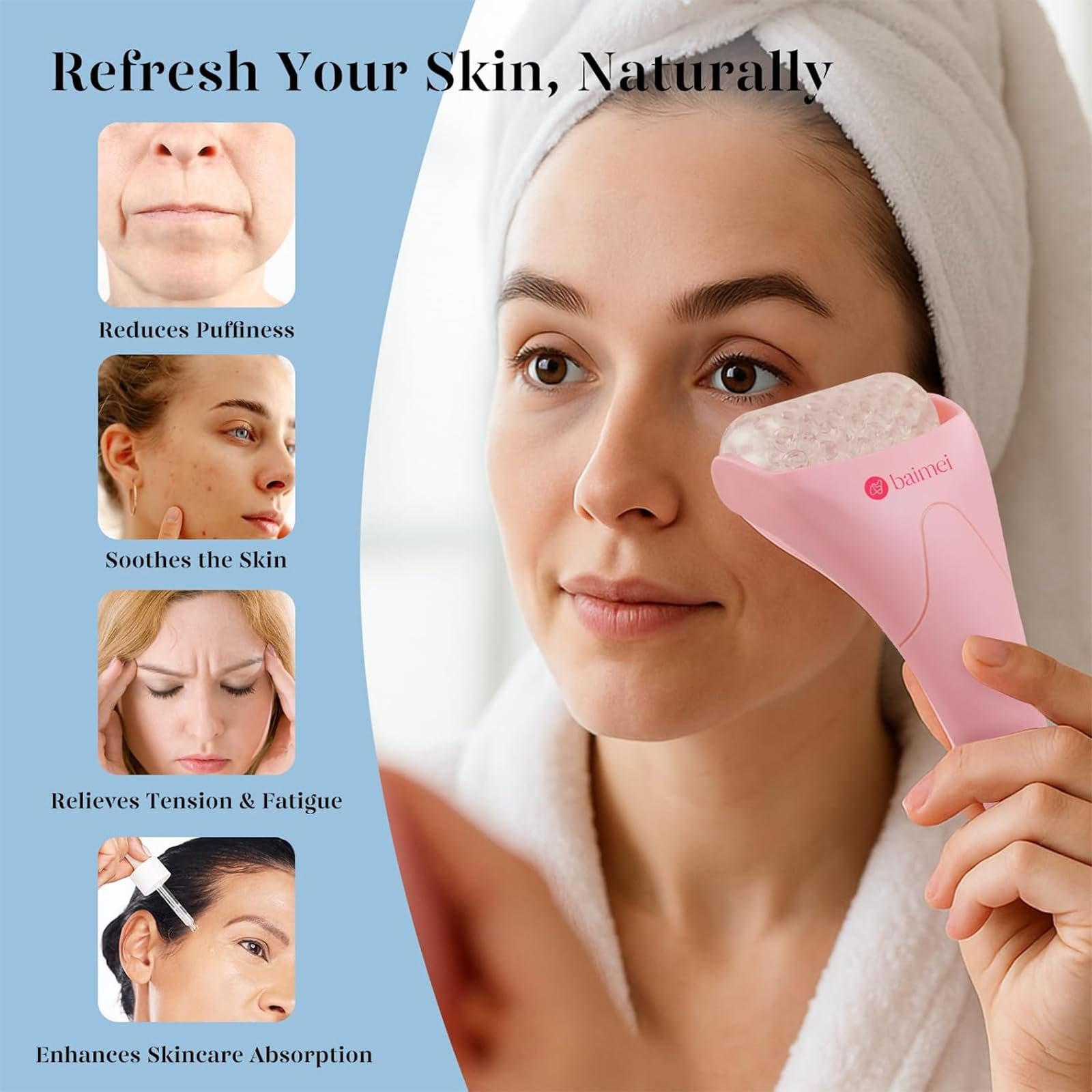 BAIMEI IcyMe Ice Roller for Face and Gua Sha Facial Tool Set, Ice Face Roller Reduces Puffiness Relieves Migraines Skin Care Tools, Self Care for Women - Pink