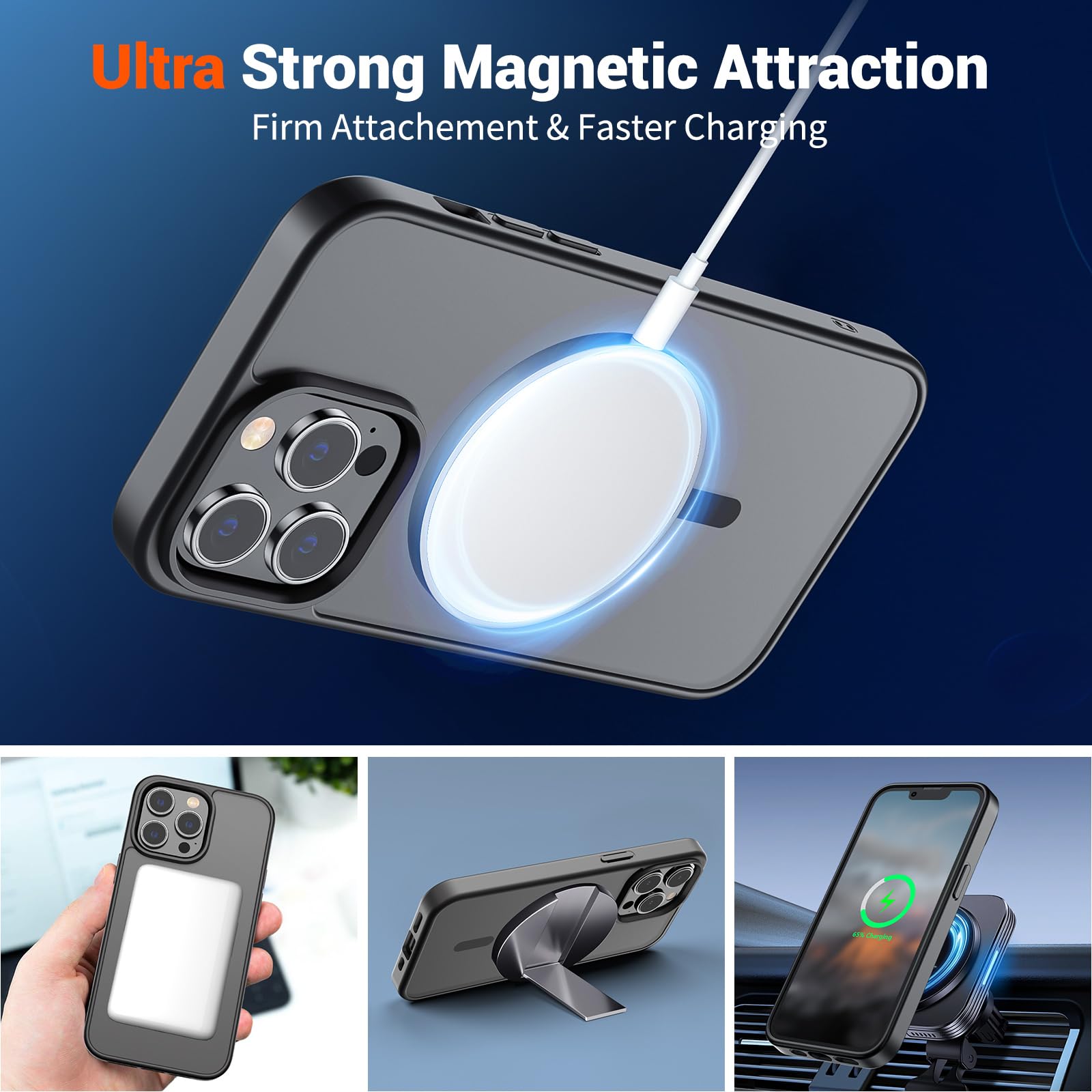 SUPFINE Magnetic for iPhone 13 Pro Max Case (Compatible with MagSafe) (Military Grade Drop Protection) Translucent Matte Shockproof Phone Cover,Black