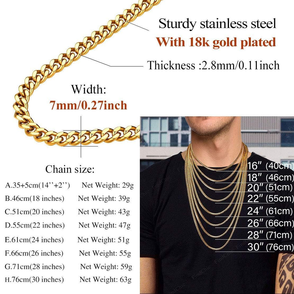 FindChic Rapper Chain Mens Curb Chain Necklace 18K Gold Plated Thick 7MM Heavy Cuban Link Chains for Men Women 20'' Replacement Cross Chain