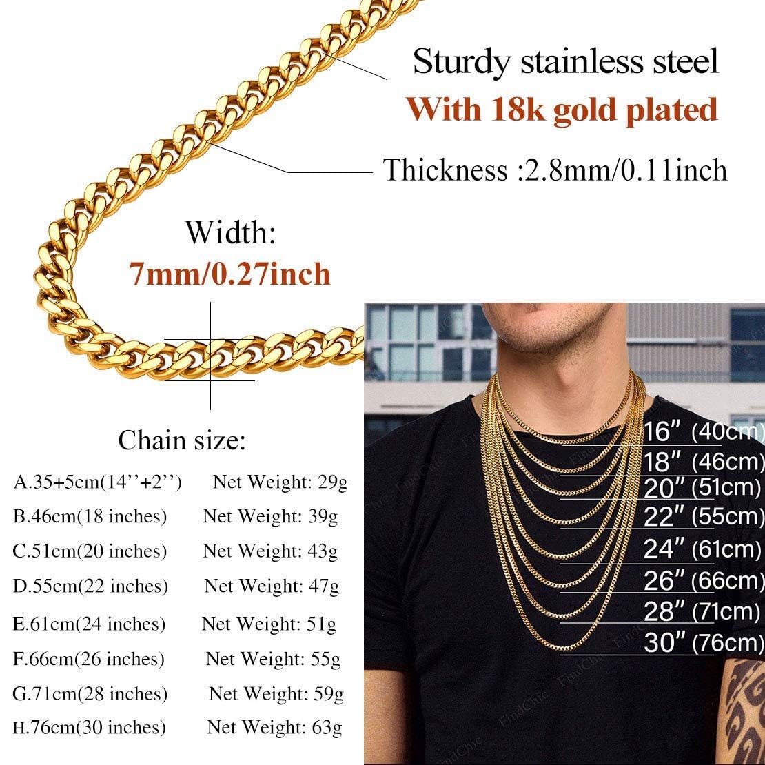 FindChic Rapper Chain Mens Curb Chain Necklace 18K Gold Plated Thick 7MM Heavy Cuban Link Chains for Men Women 20'' Replacement Cross Chain