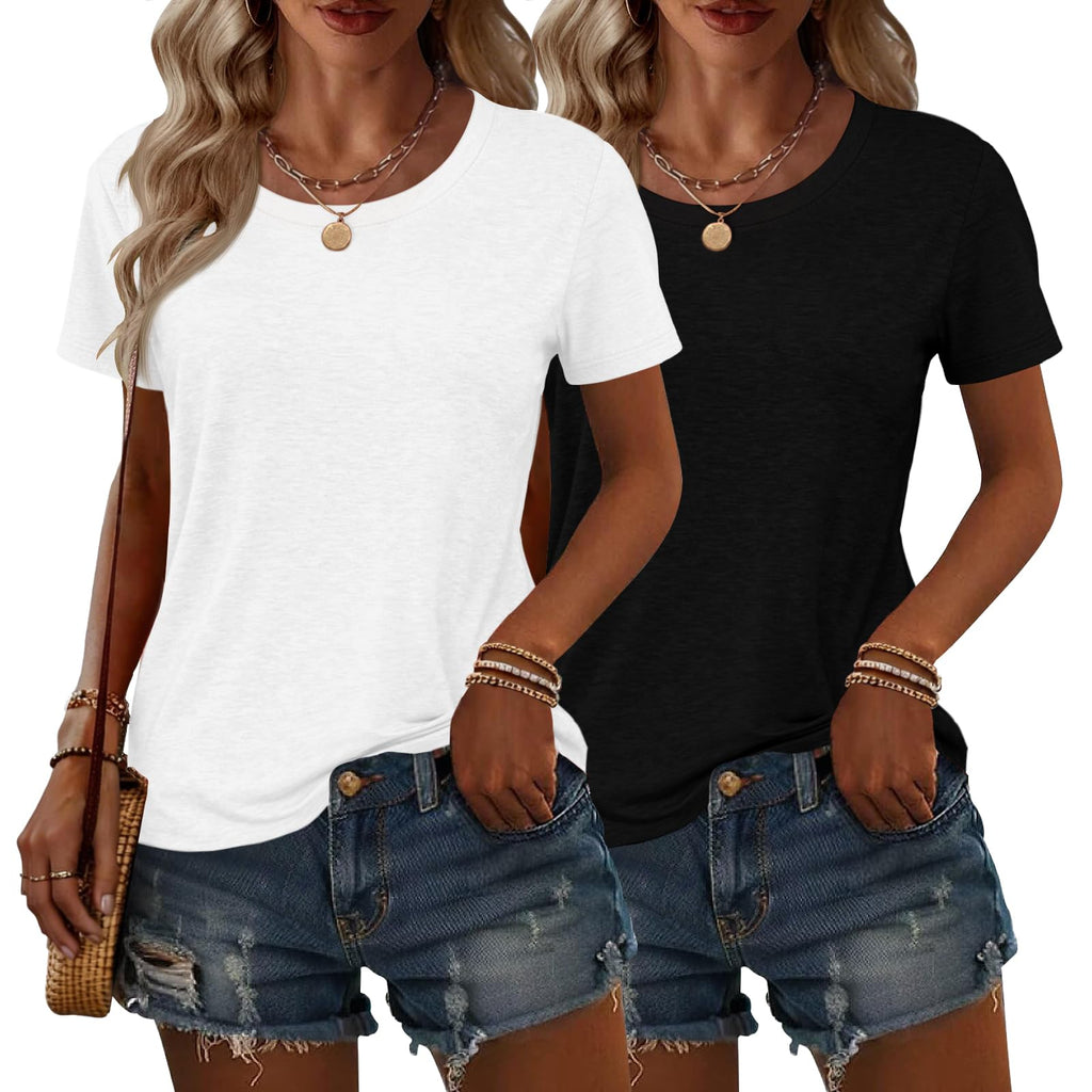 KILISU 2PCS Women Short Sleeve T Shirts Crew Neck Solid Soft Basic Tee Casual Loose Fit Lightweight Summer Tops Clothes 2025 (US, Alpha, Medium, Regular, Regular, White+Black)