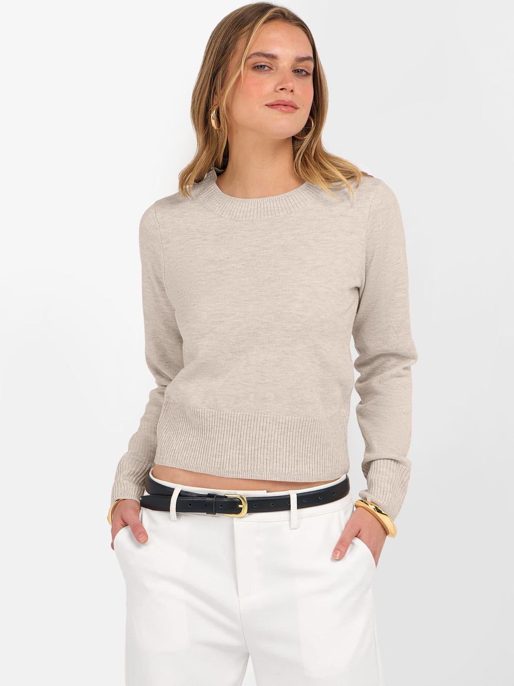 ANRABESS Women’s Long Sleeve Sweaters Cropped Crew Neck Business Casual Light Weight Sweater Tops Fall Fashion Clothes 2025 Light Almond L
