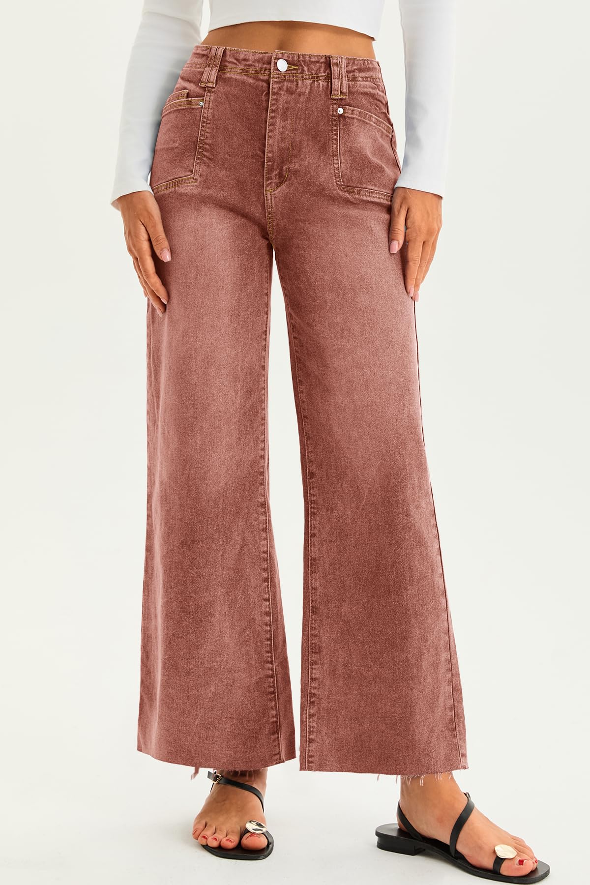 Cicy Bell Womens High Waisted Cropped Jeans Trendy Stretchy Baggy Straight Leg Raw Hem Capri Denim Pants Brown