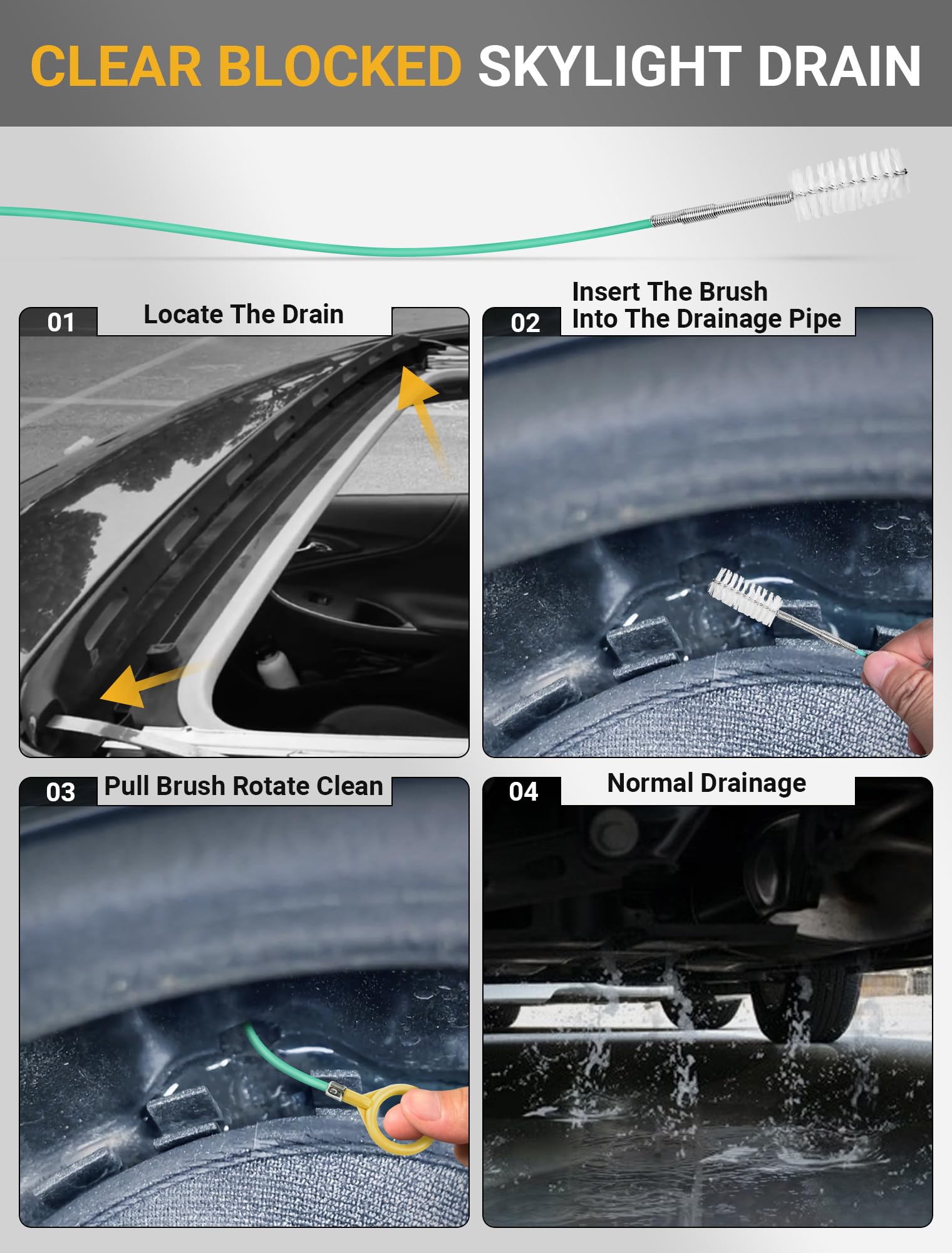 Upgraded Auto Sunroof Drain Cleaning Tool, 120 Inch Long Flexible Drain Brush Pipe Cleaners for Car, Slim Drain Dredging Tool Tube Cleaning Brush Perfect for Car Sunroof, Windshield Wiper Drain Hole