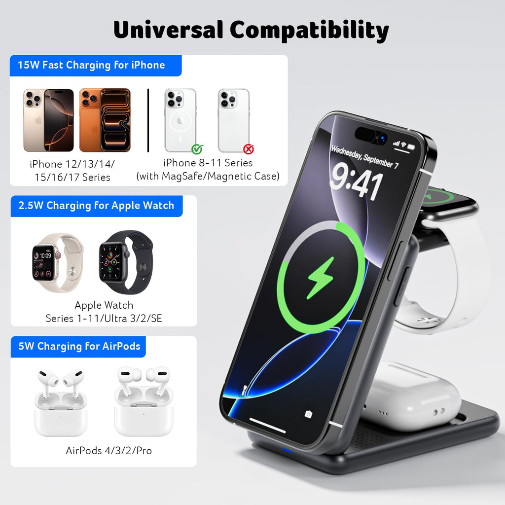 Acer 3 in 1 Charging Station for Apple Device, Magnetic Palm-Sized Foldable Fast Charger Stand Compatible with MagSafe for iPhone 17, Apple Watch & AirPods, Foldable Charging Dock for Desk S3