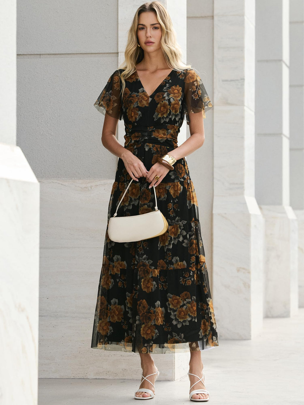 ANRABESS Womens Summer Floral Maxi Dress Short Sleeve Flowy Tulle Wedding Guest Beach Vacation 2026 Spring Party Long Dresses Floral Black Yellow Large