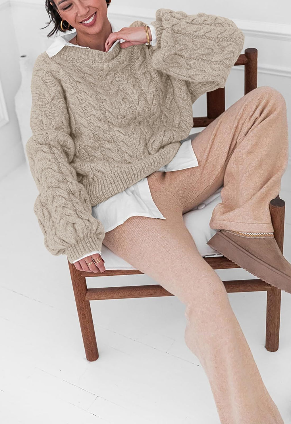 PRETTYGARDEN Womens Sweaters Fall 2026 Cable Knit Long Sleeve Crewneck Oversized Sweater Chunky Pullover Loose Outfits (Khaki, X-Large)
