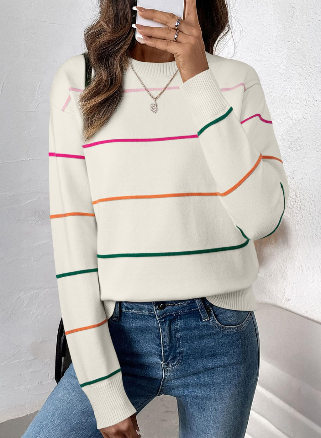SHEWIN Womens Sweaters Crew Neck Striped Sweater Women Lightweight Womens Fall Tops Long Sleeve Tops Sweaters for Women Fall Outfits 2026 White Small